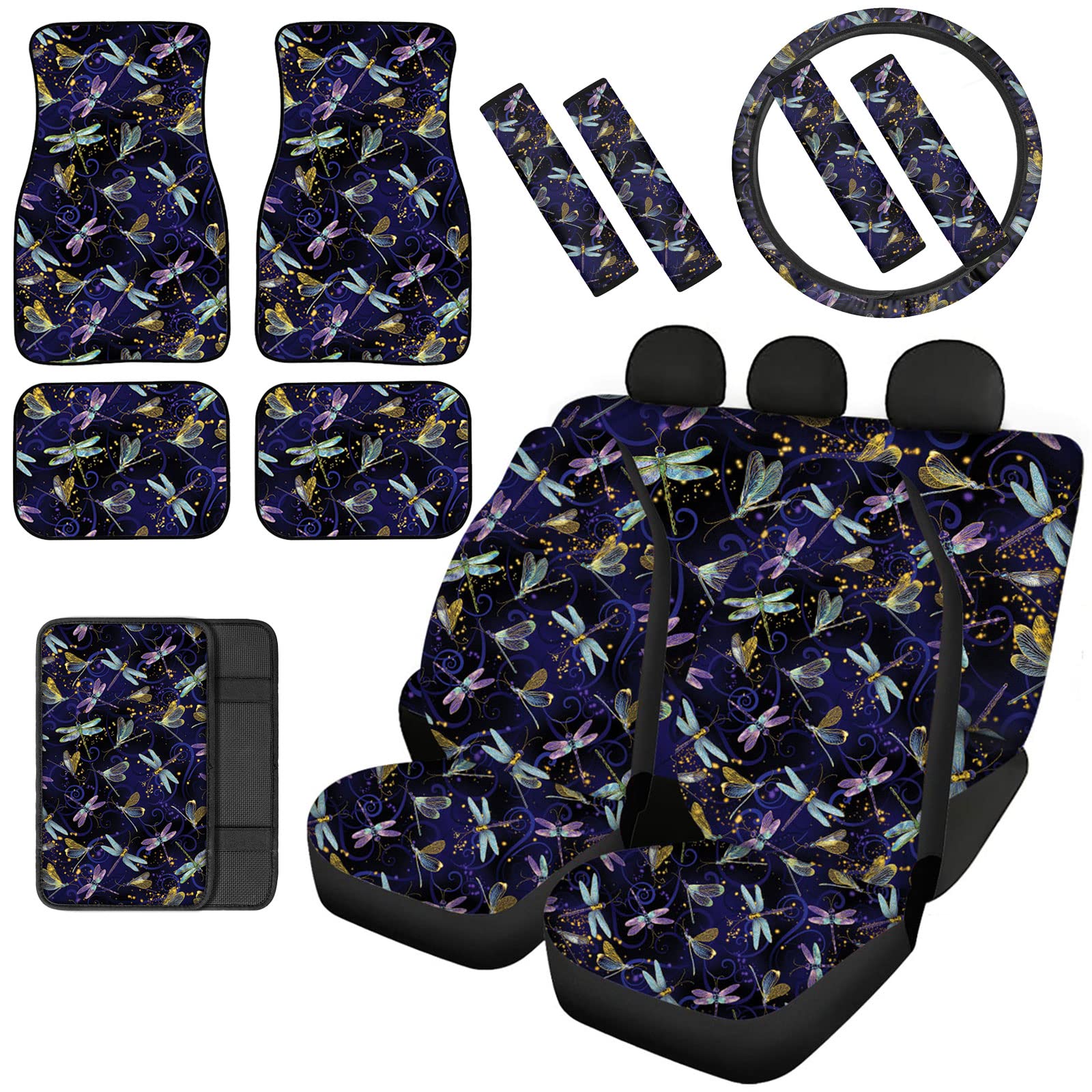 Cute Dragonfly Printed 13-Piece Car Seat Covers Set with Floor Mats, Steering Wheel Cover & Accessories - Universal Fit for Women's Car Interior Decoration | Perfect for Daily Commute, Road Trips & Gift Giving