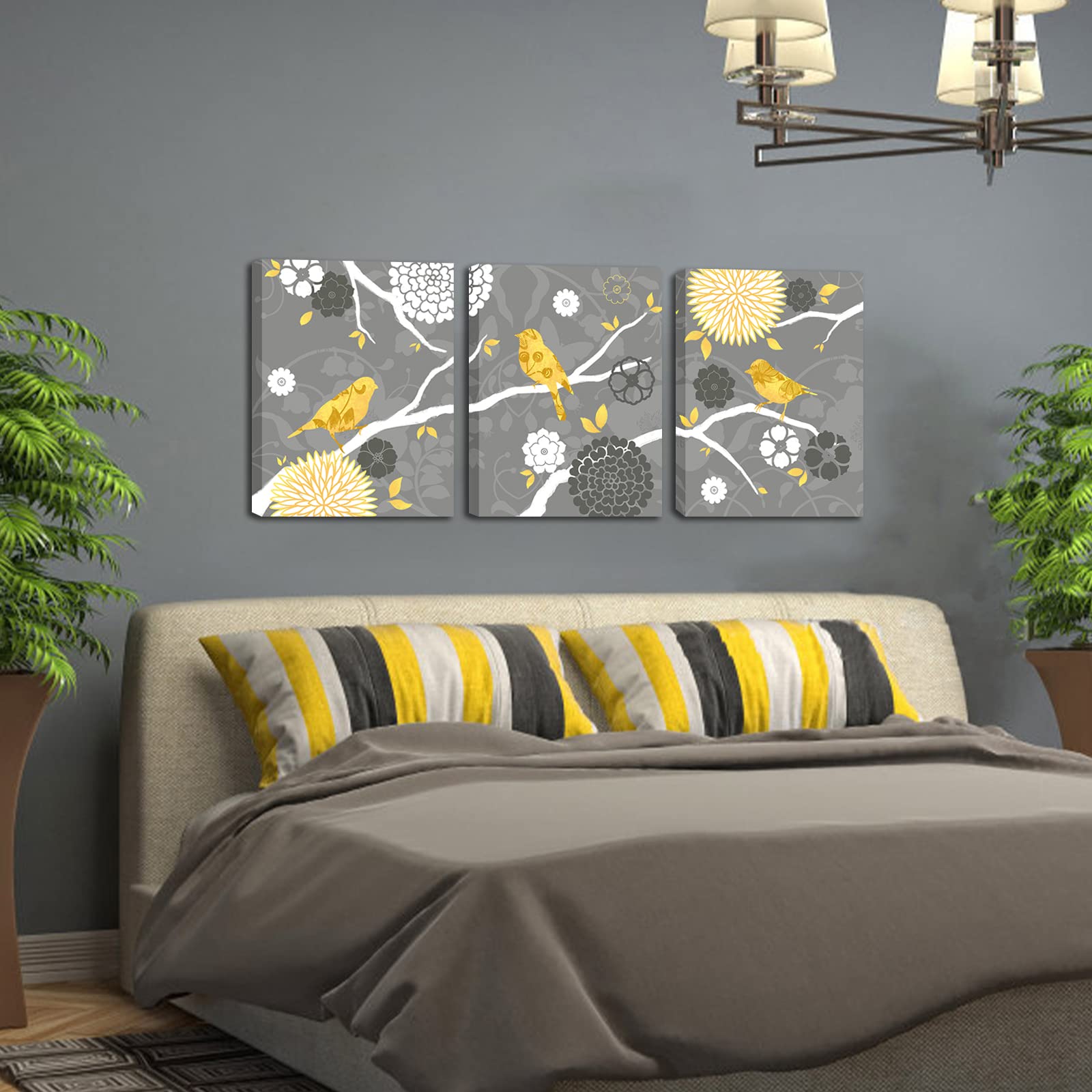 Yellow Birds Canvas Art - Yellow & Grey Wall Decor with Bird & Flower Painting - Framed Picture Artwork for Kitchen, Bedroom, Living Room | Perfect for Home Decor & Gift Giving