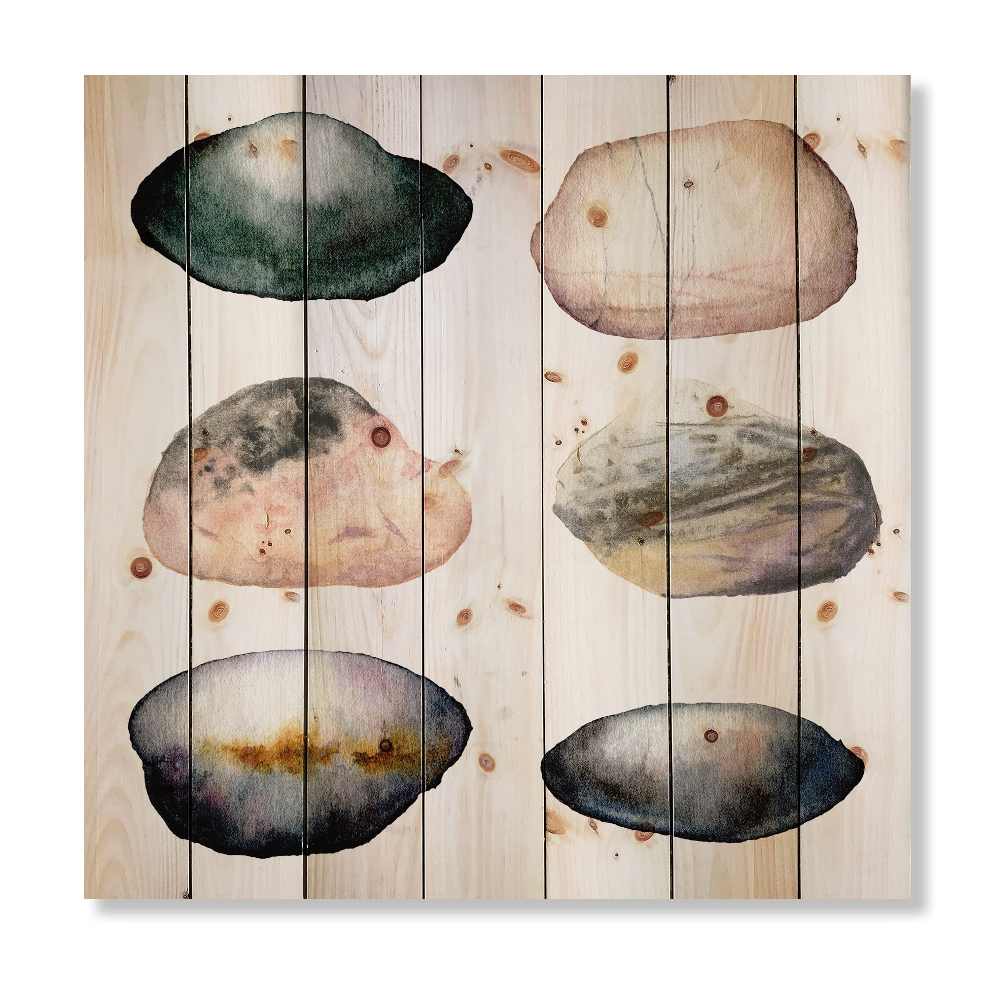 Six Abstract Sea Stones Nautical & Coastal Wood Wall Decor - Blue Wood Wall Art Panels Printed on Natural Pine - Perfect for Beach House, Coastal Living Room & Ocean-Themed Bedroom Decor