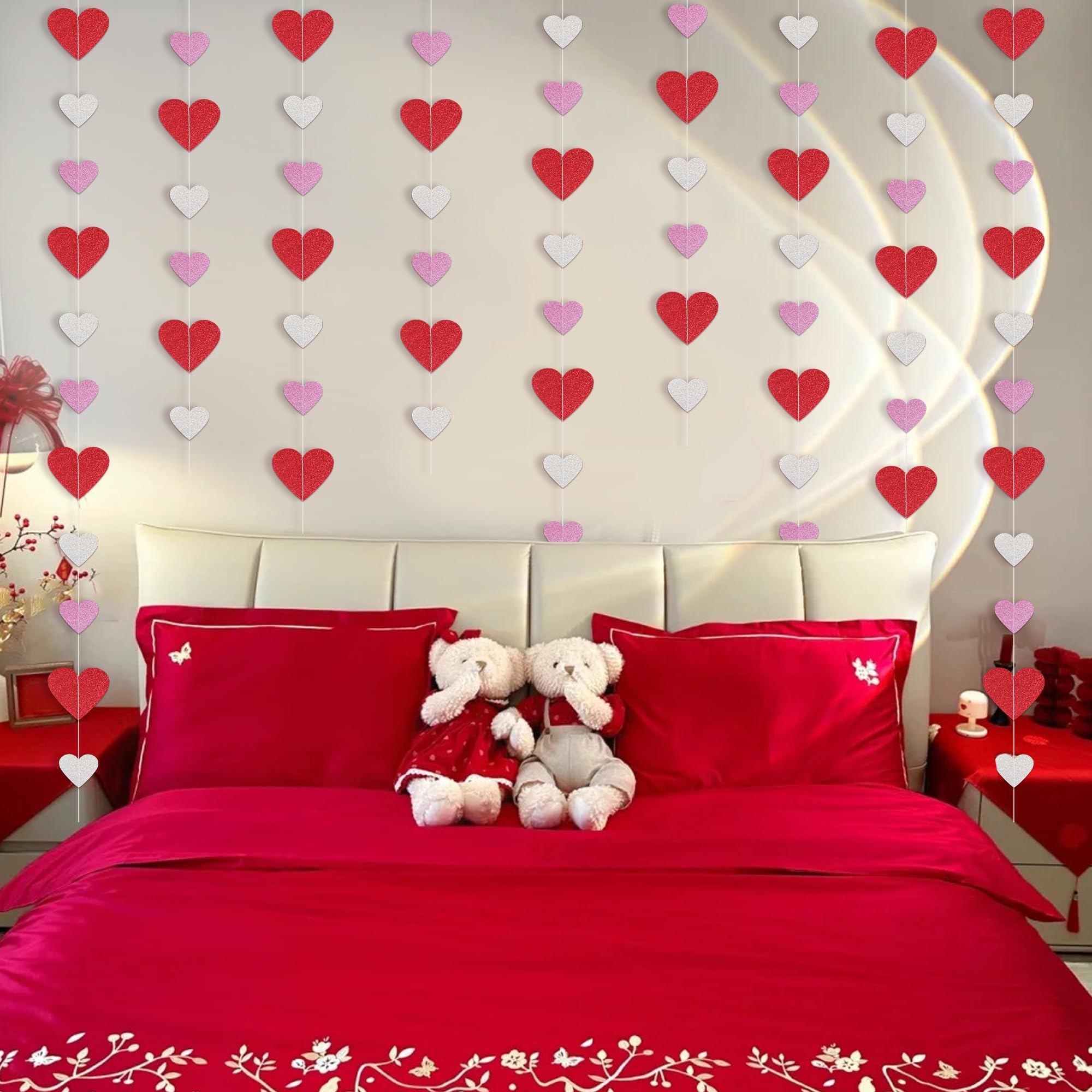8 Packs Red Pink Silver Glitter Heart Garland String - Valentine's Day Decorations for Home, Mantle, Wedding, Anniversary & Birthday Party - Romantic Heart Banner for Wall, Ceiling, Door & Photo Backdrop