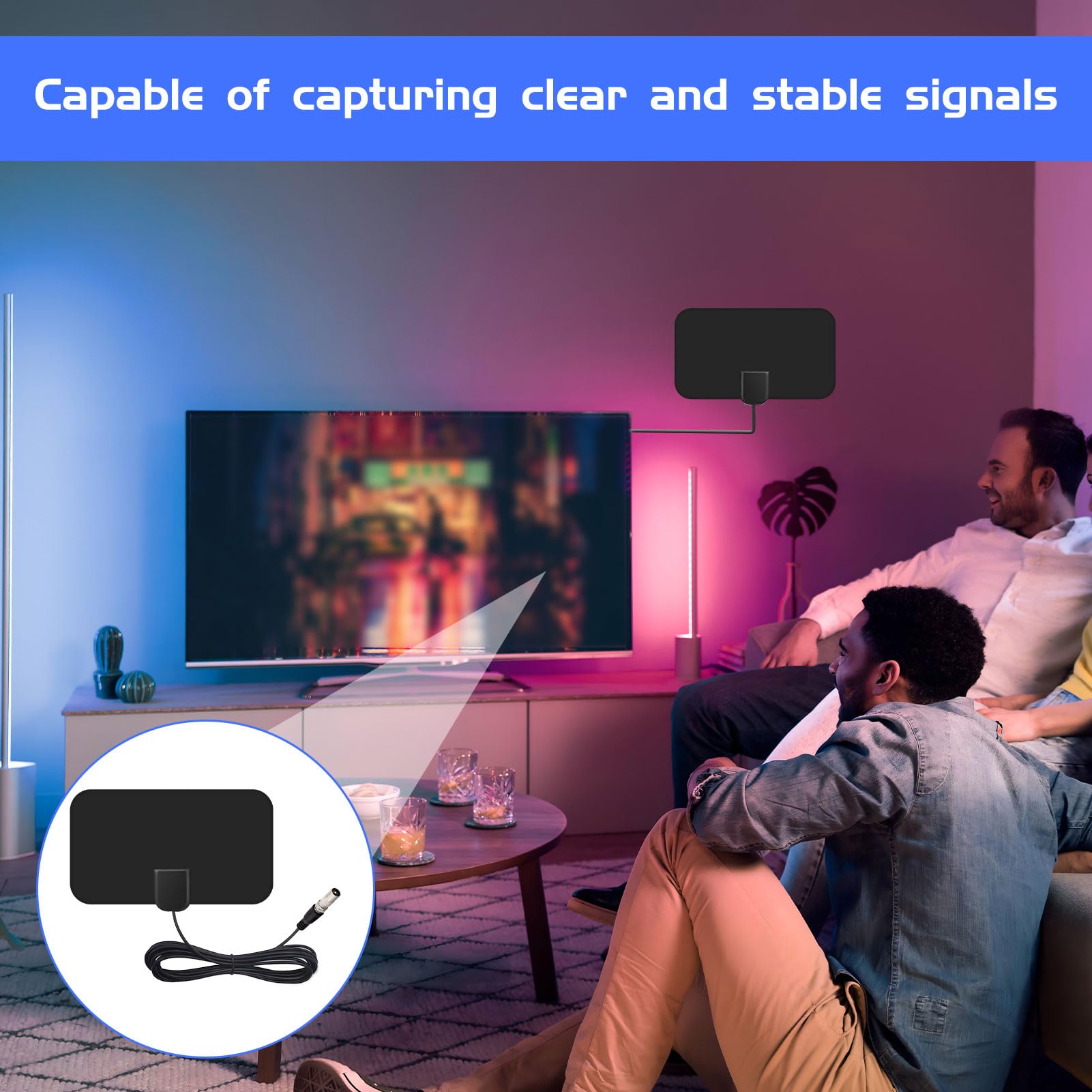 1 PCS Indoor TV Aerial Booster - 50 Miles Digital 4K HD Signal Antenna with 14 FT Cable for Freeview Local Channels | Stable Image for Smart TVs, Home Theater & RV Use