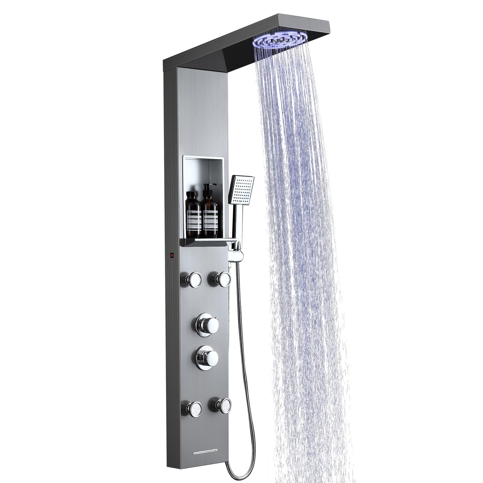 Premium Stainless Steel Shower Panel Tower System with LED Rainfall & Mist Shower Head, 4 Adjustable Body Jets, Hand Shower, Built-in Shelf & Tub Spout - Perfect for Modern Bathroom Renovation & Spa-Like Shower Experience