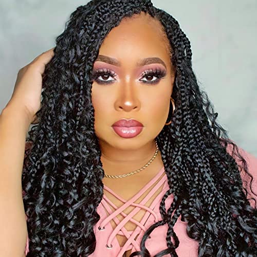 18 Inch Box Braid Crochet Hair - 8 Packs Goddess Boho Braids with Curly Ends for Women (1B, 13 Strands/Pack) | Pre-Looped Protective Style for Natural Hair & Everyday Wear