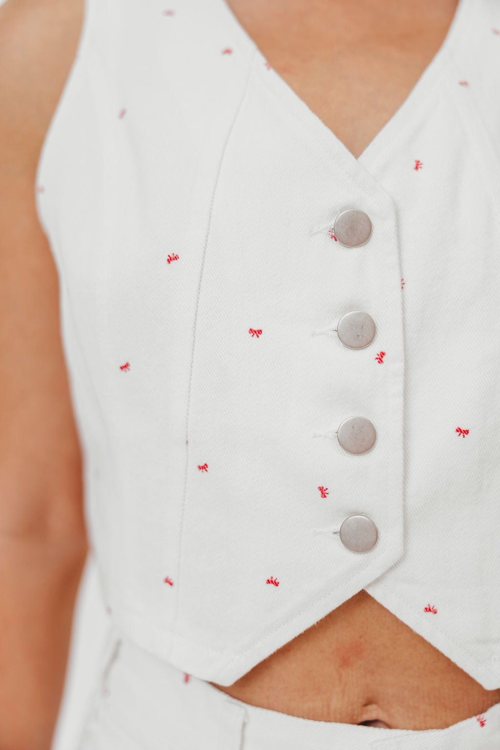 100% Cotton Mini Bow Print Twill Vest for Women - Off White Dolly Style | Casual Outfits, Spring Layering & Office Wear