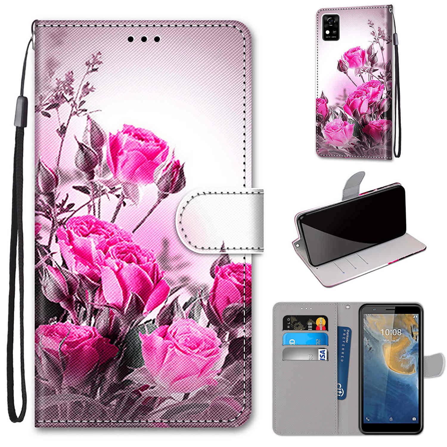 ZTE Avid 589 Case - Floral Flower Leather Wallet Case with Credit Card Slots, Kickstand & Magnetic Closure | Perfect for Consumer Cellular ZTE Avid 589 (Pink Rose) | Ideal for Work, Travel & Everyday Protection