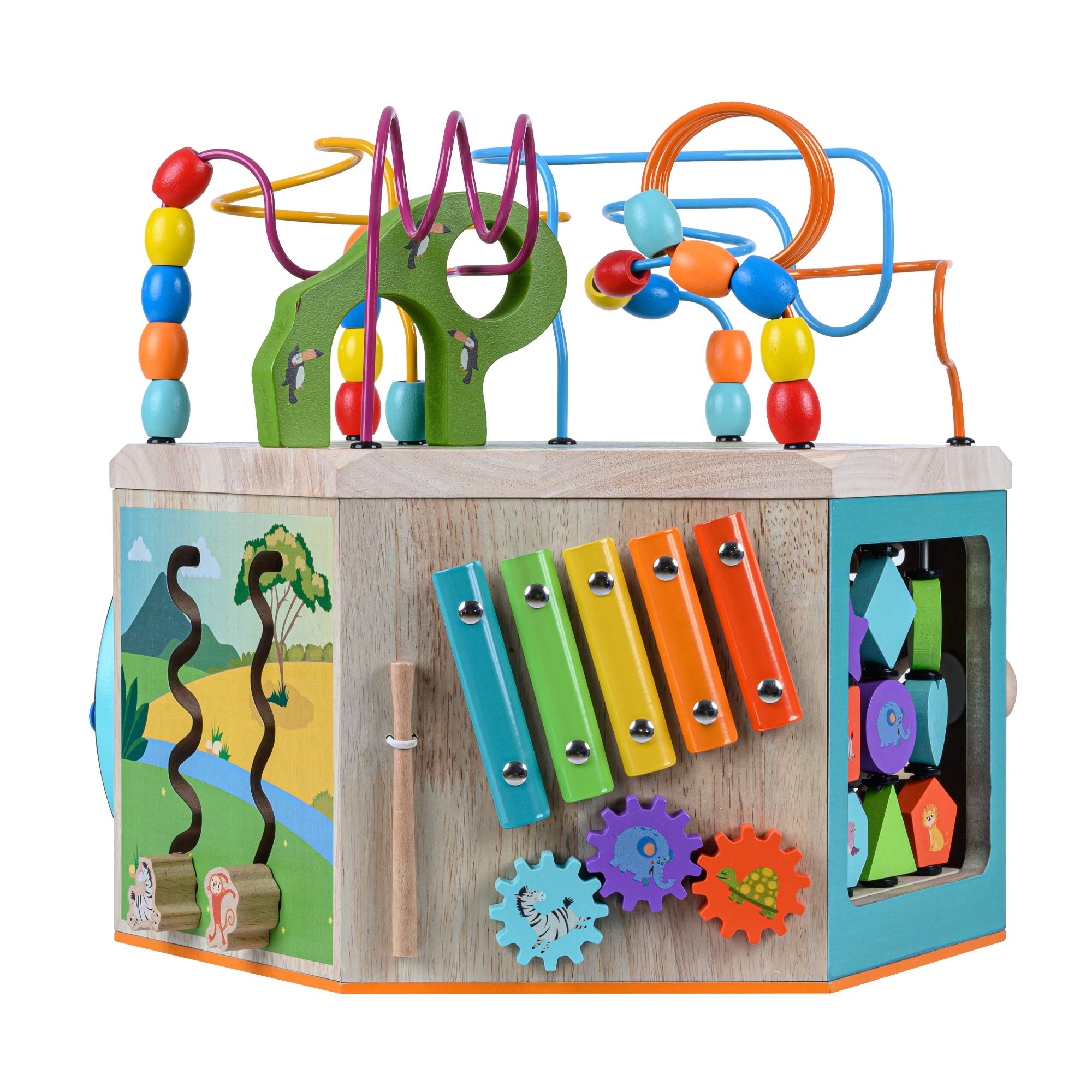 Teamson Kids Preschool Play Lab 7-in-1 Large Wooden Activity Cube - Bead Maze, Counting Toys & Learning Station for Toddlers & Babies (Natural Wood) - Perfect for Early Childhood Development & Montessori Playrooms