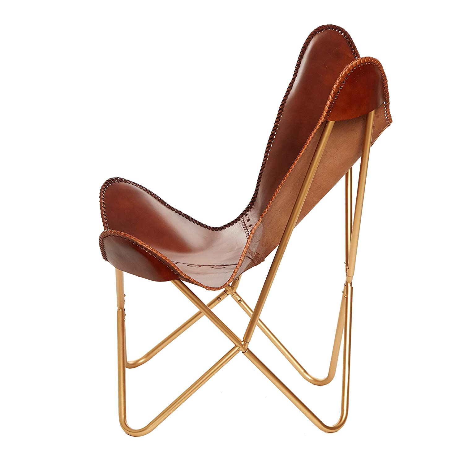 GifteQ Brown Leather Butterfly Chair - Handmade Folding Lounge Chair with Powder Coated Iron Frame - Perfect for Living Room, Bedroom & Outdoor Patio Relaxation (Golden Frame)