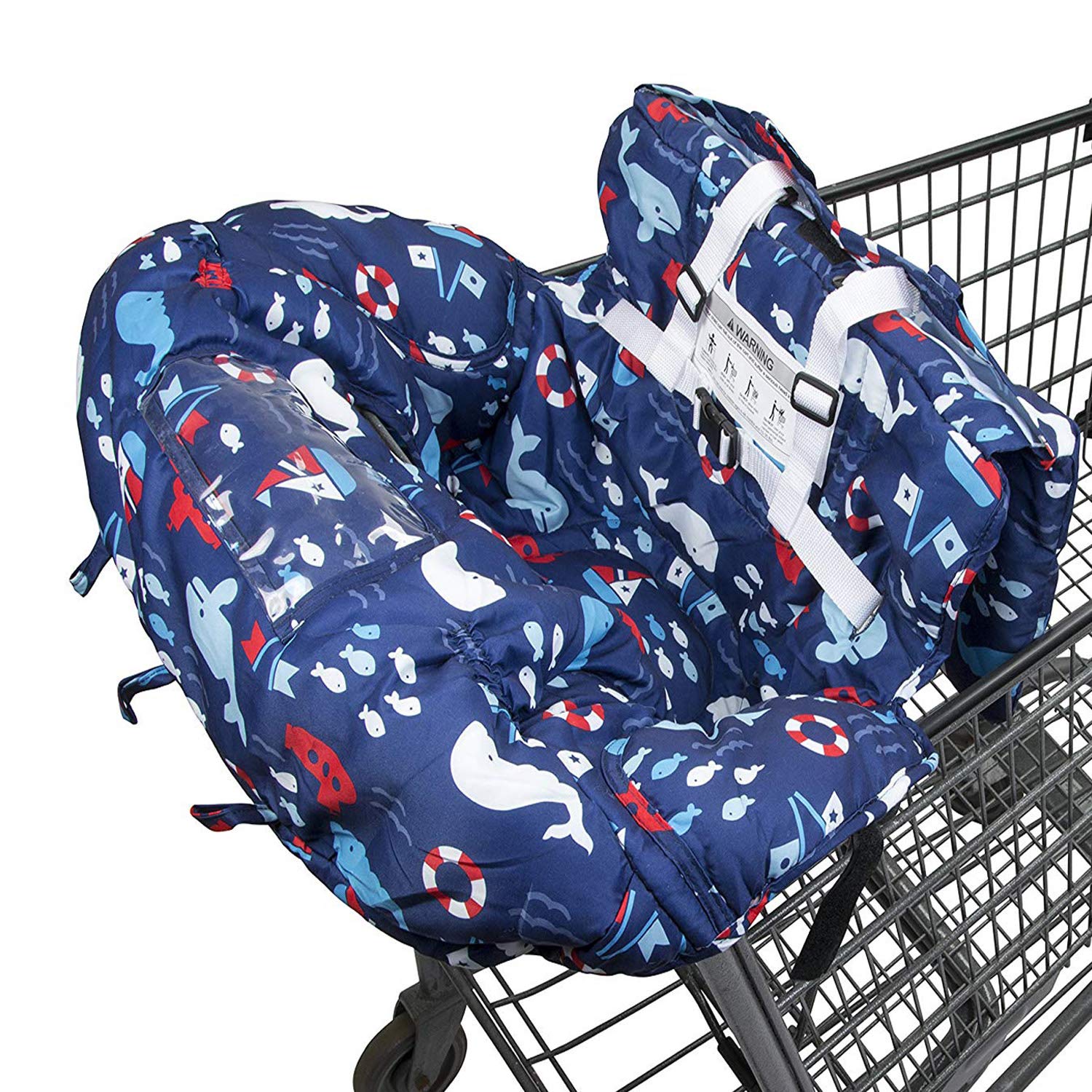 Baby Shopping Cart Cover - 2-in-1 Foldable Portable High Chair & Grocery Cart Seat with Storage Bag for Infants to Toddlers | Blue Whale Design | Perfect for Supermarkets, Restaurants & Travel