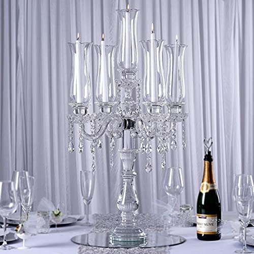 32-Inch Clear 5-Arm Crystal Glass Candelabra Hurricane Taper Candle Holder - Elegant Wedding Centerpiece, Party Decor, Holiday Table Setting, Romantic Dinner Lighting for Home & Event Decorations