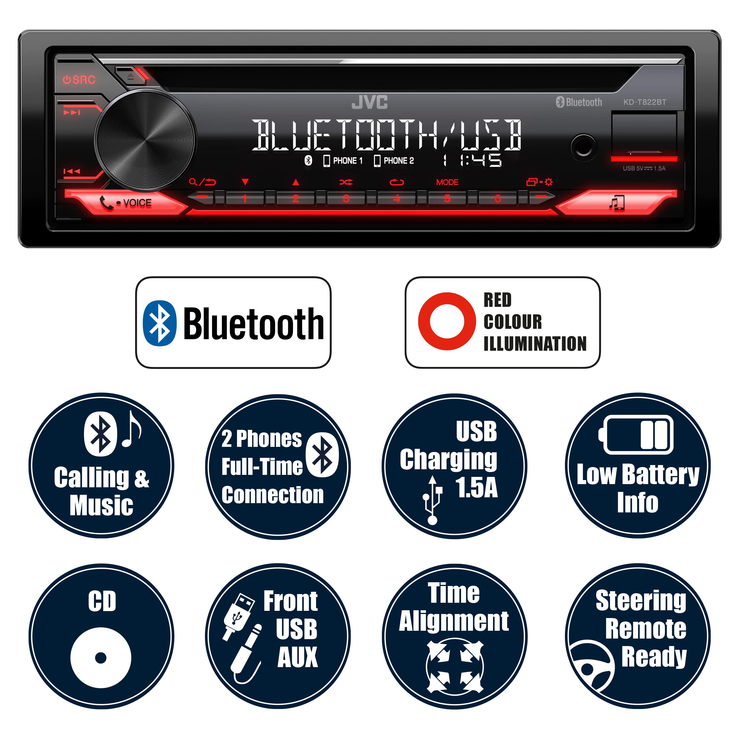 JVC KD-T822BT Bluetooth Car Stereo with CD Player, Hands-Free Calling & Wireless Music Streaming - Perfect for Road Trips & Commuting