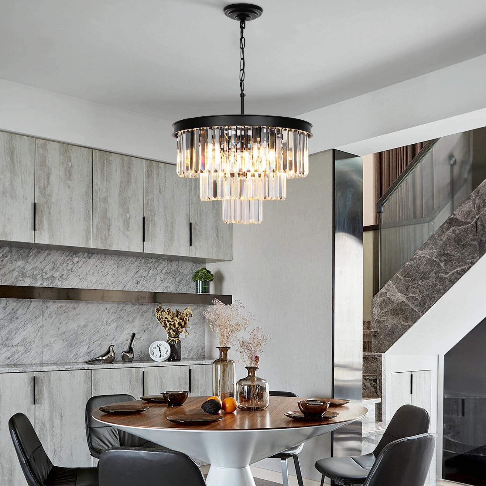 9-Light Black Modern Crystal Chandelier - 3-Tier Round Ceiling Light Fixture for Dining Room, Bedroom, Living Room, Entryway & Kitchen Island (20 Inch Diameter) - Elegant Lighting for Home Decor & Special Occasions