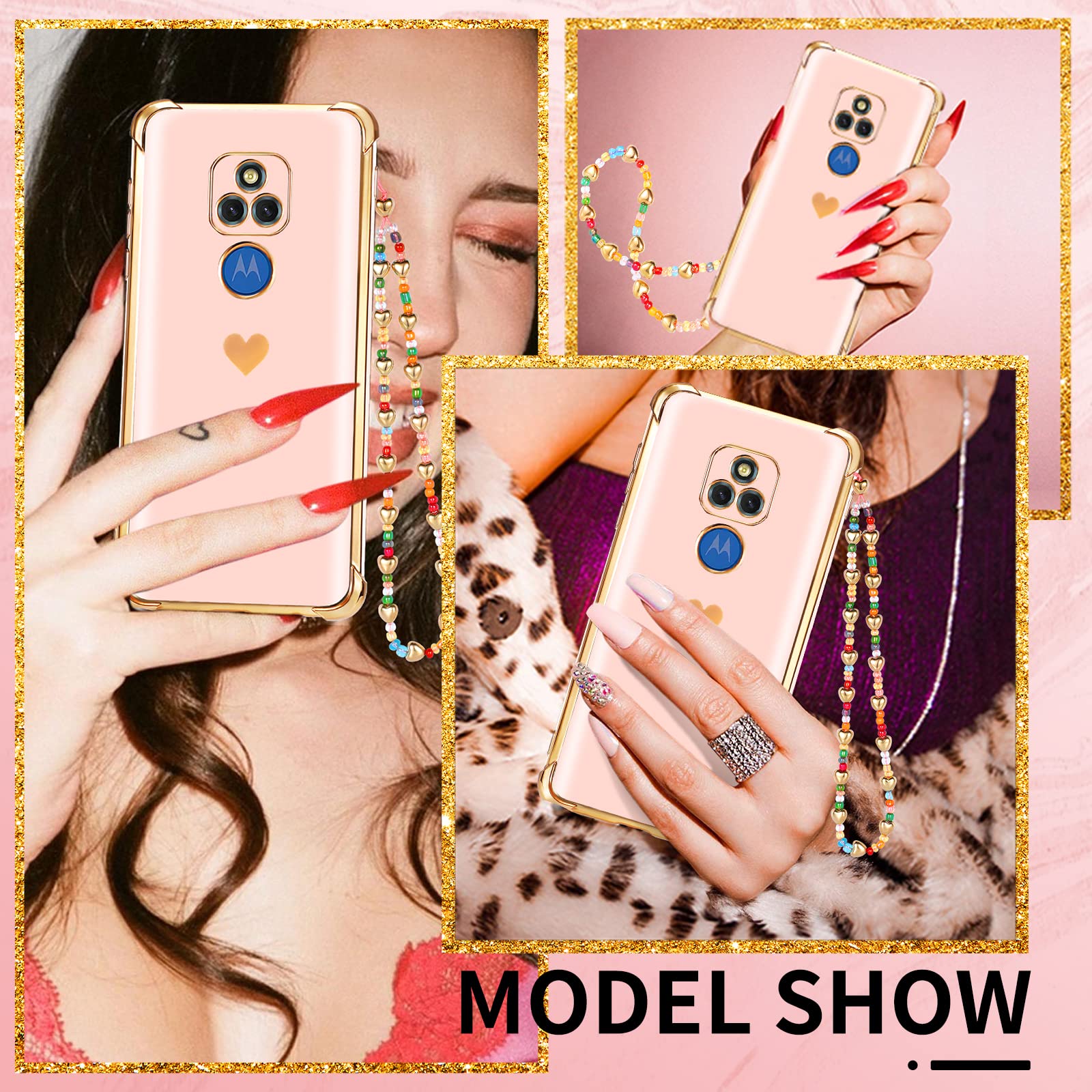 3-in-1 Heart Pattern Phone Case for Motorola Moto G Play 2021 (6.5 Inch) - Cute Aesthetic Love Hearts Design with Gold Chain - Luxury Girly Protective Cover + Screen Protector | Perfect Gift for Girls & Women, Ideal for Daily Use, Parties & Travel