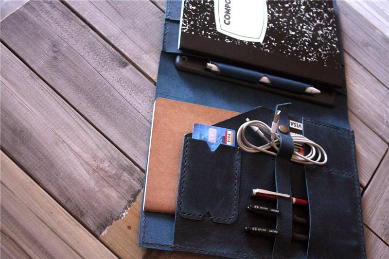 Premium Blue Leather iPad Case with Notebook Holder - Stylish Portfolio Cover for Work, School & Travel