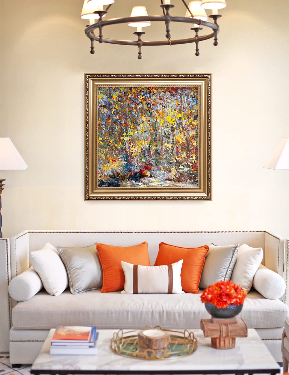 DECORARTS - David Ma's Gathering Birds Abstract Landscape Wall Art - Giclee Print in Classic Golden Frame (30