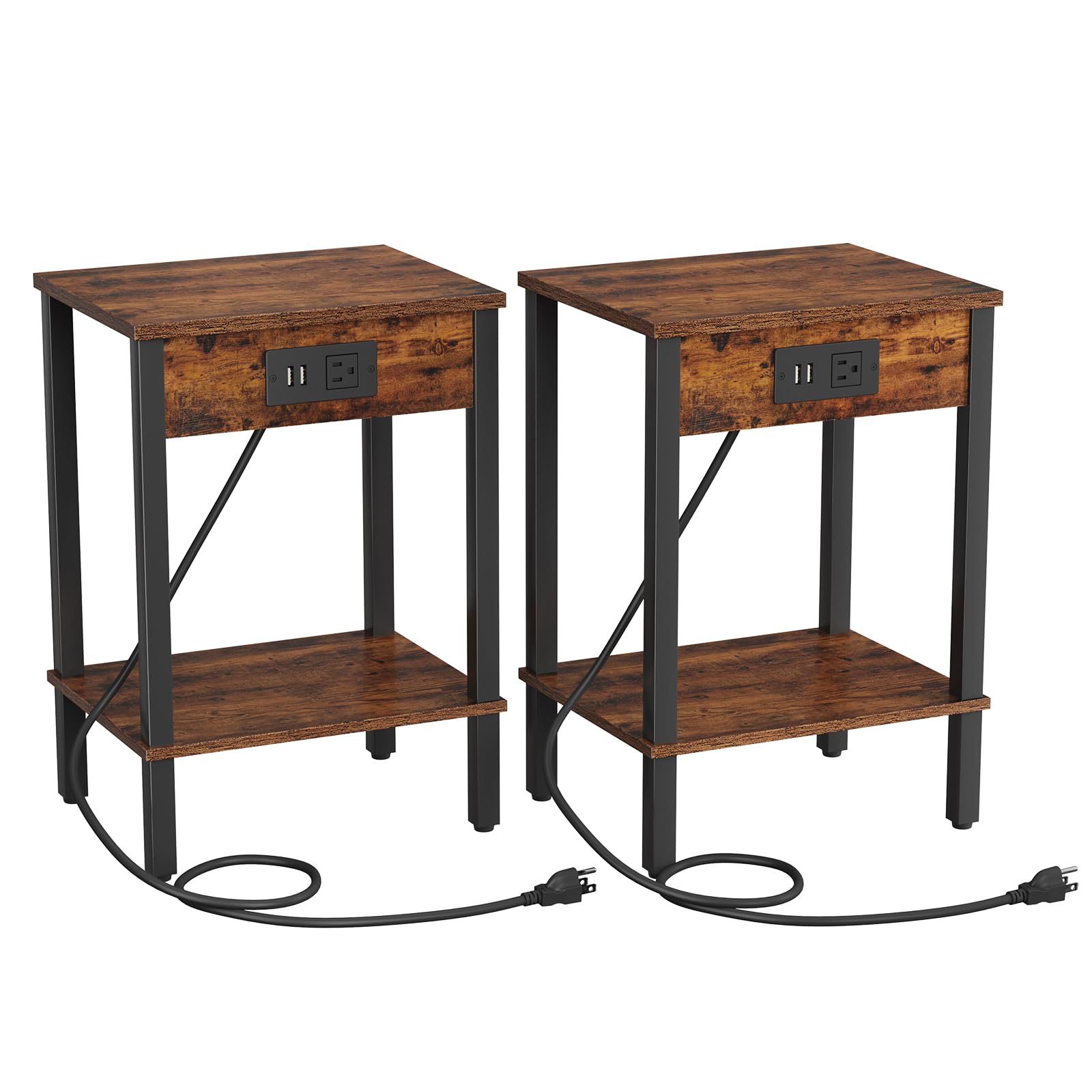2-Tier Narrow End Table Set with USB Charging Station & Outlets - Nightstand with Storage Shelves for Small Spaces, Perfect for Living Room, Bedroom & Dorm Use