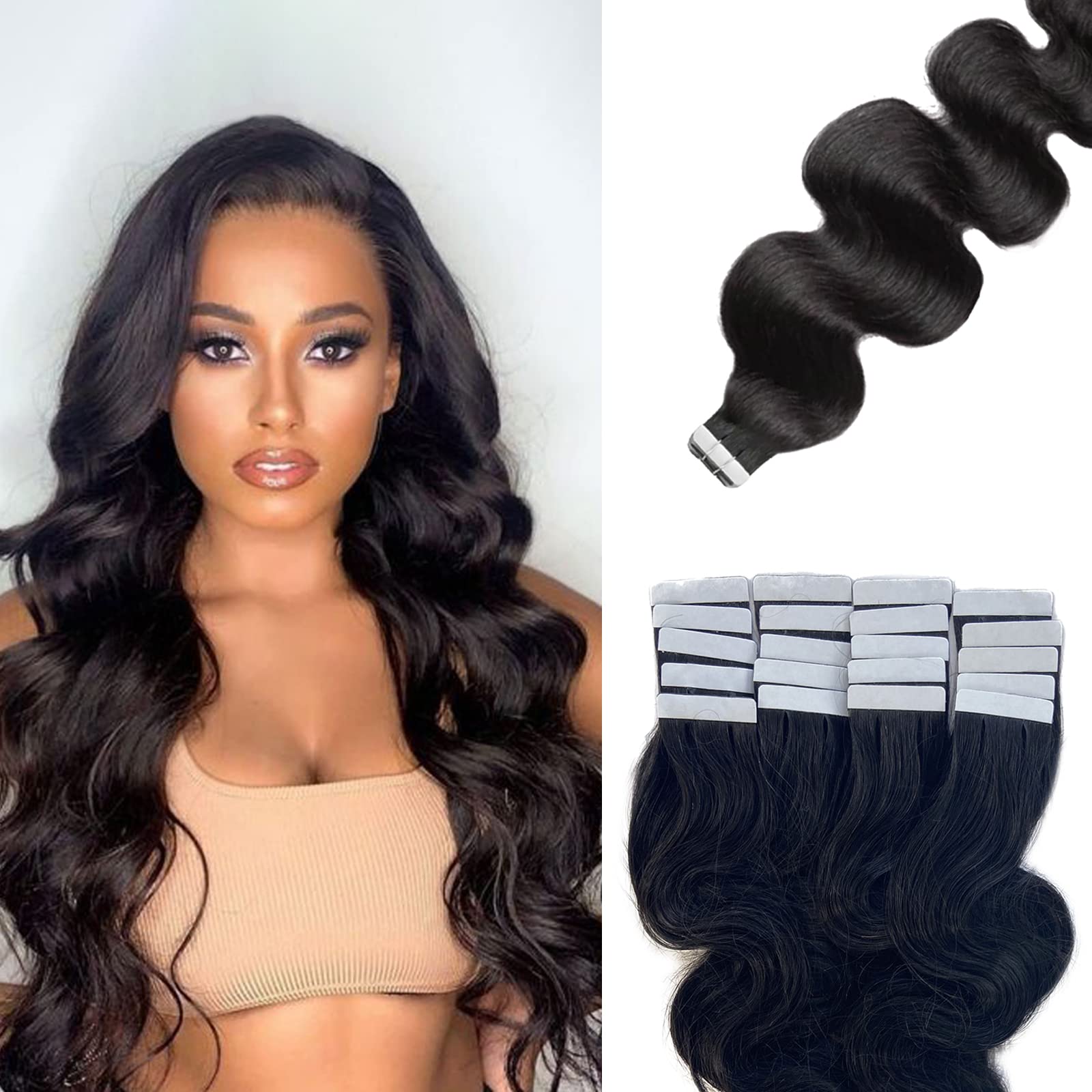 18 Inch Body Wave Tape in Hair Extensions - 100% Real Human Hair, Natural Black, Double Sided Skin Weft - 20pcs 50g for Black Women - Perfect for Daily Styling, Special Occasions & Volume Boost