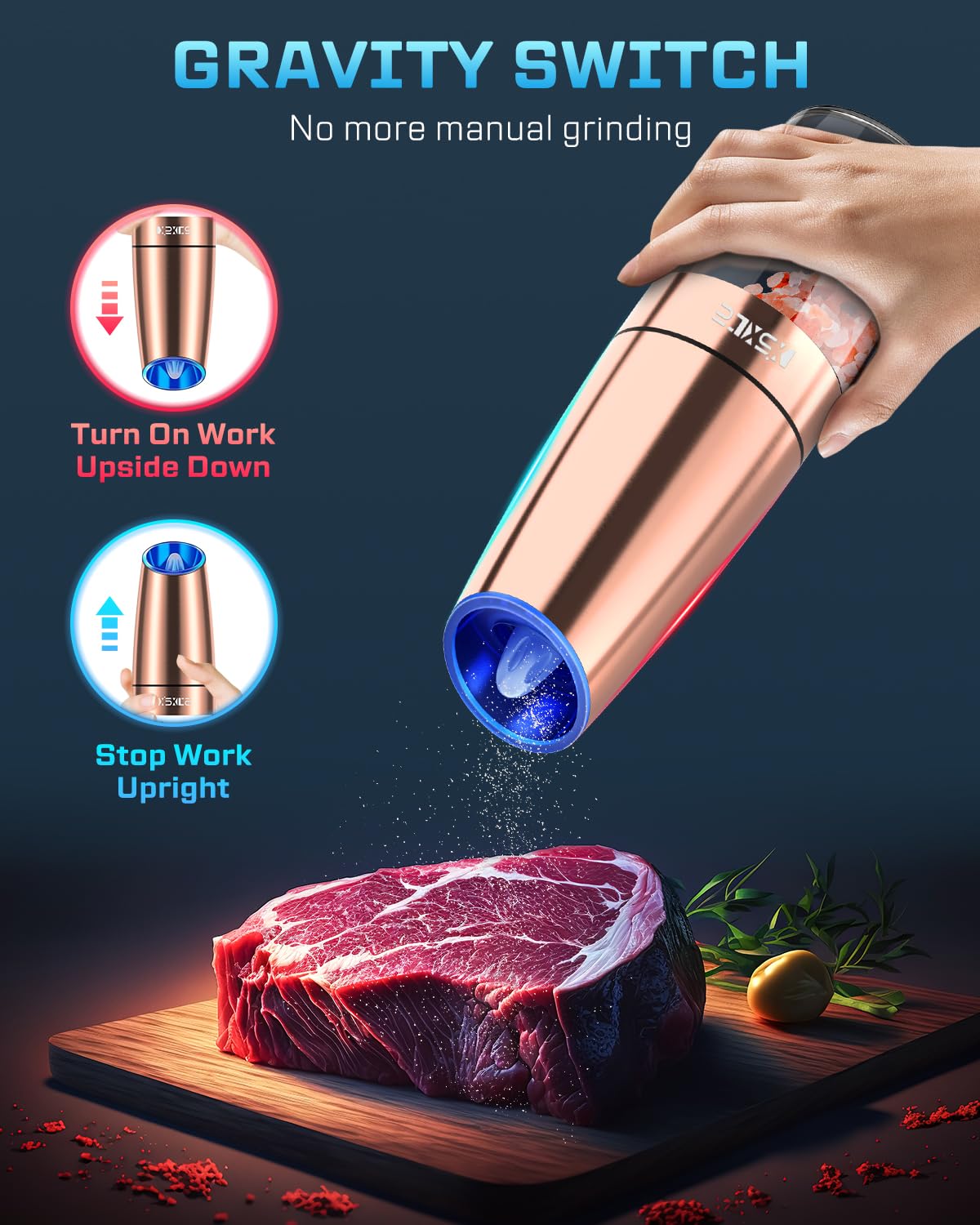 Premium Automatic Electric Pepper and Salt Grinder Set - Stainless Steel Adjustable Coarseness Mill with Blue LED Light, One-Hand Operation - Perfect for Kitchen, Dining Table, BBQ, Camping & Gifting