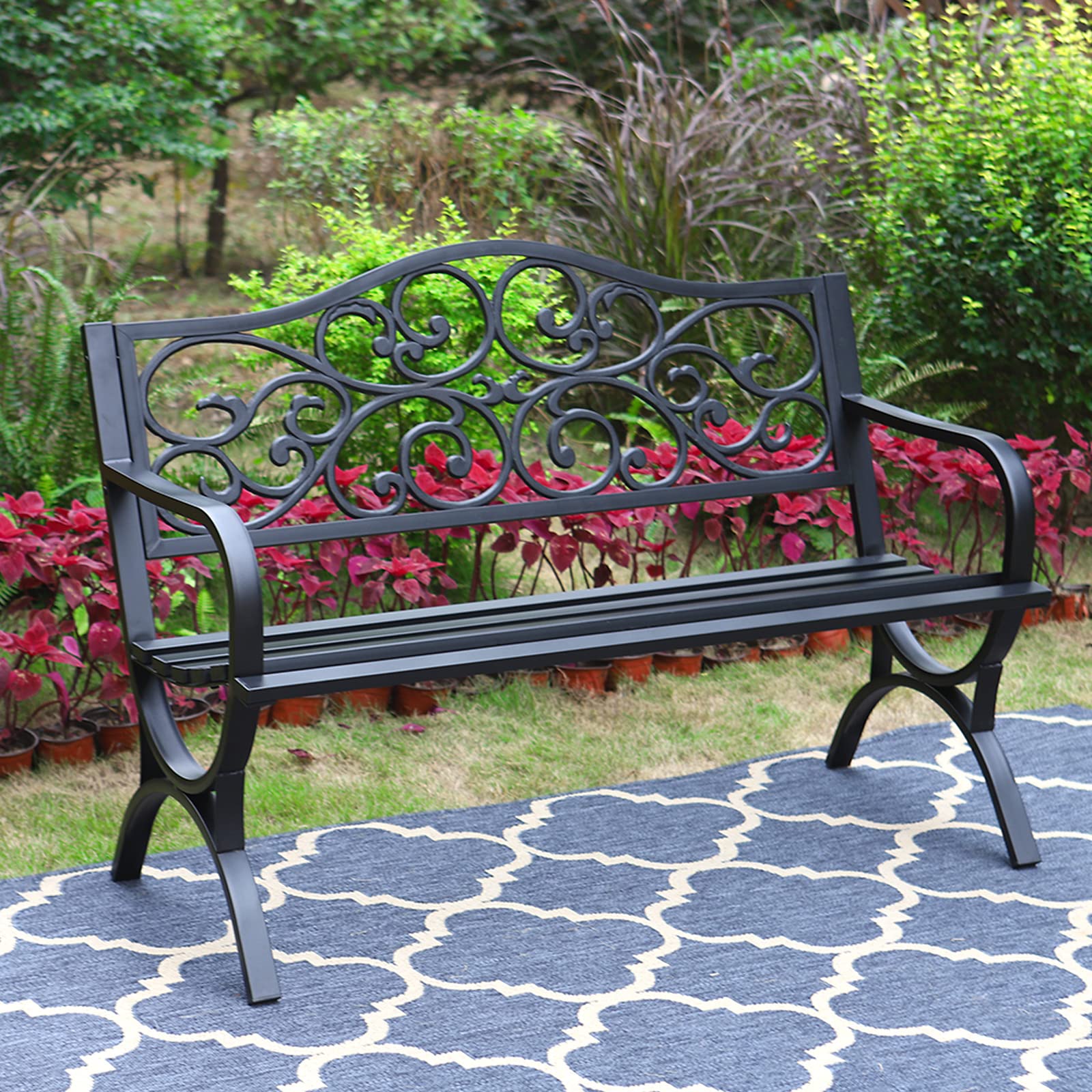 MFSTUDIO 50 Inch Outdoor Garden Bench - Heavy Duty Cast Iron Metal Patio Bench with Floral Pattern Backrest & Arch Legs - Perfect for Porch, Lawn, Garden, Yard, Park (Black) | Durable Outdoor Seating for Relaxing in Your Backyard or Public Spaces