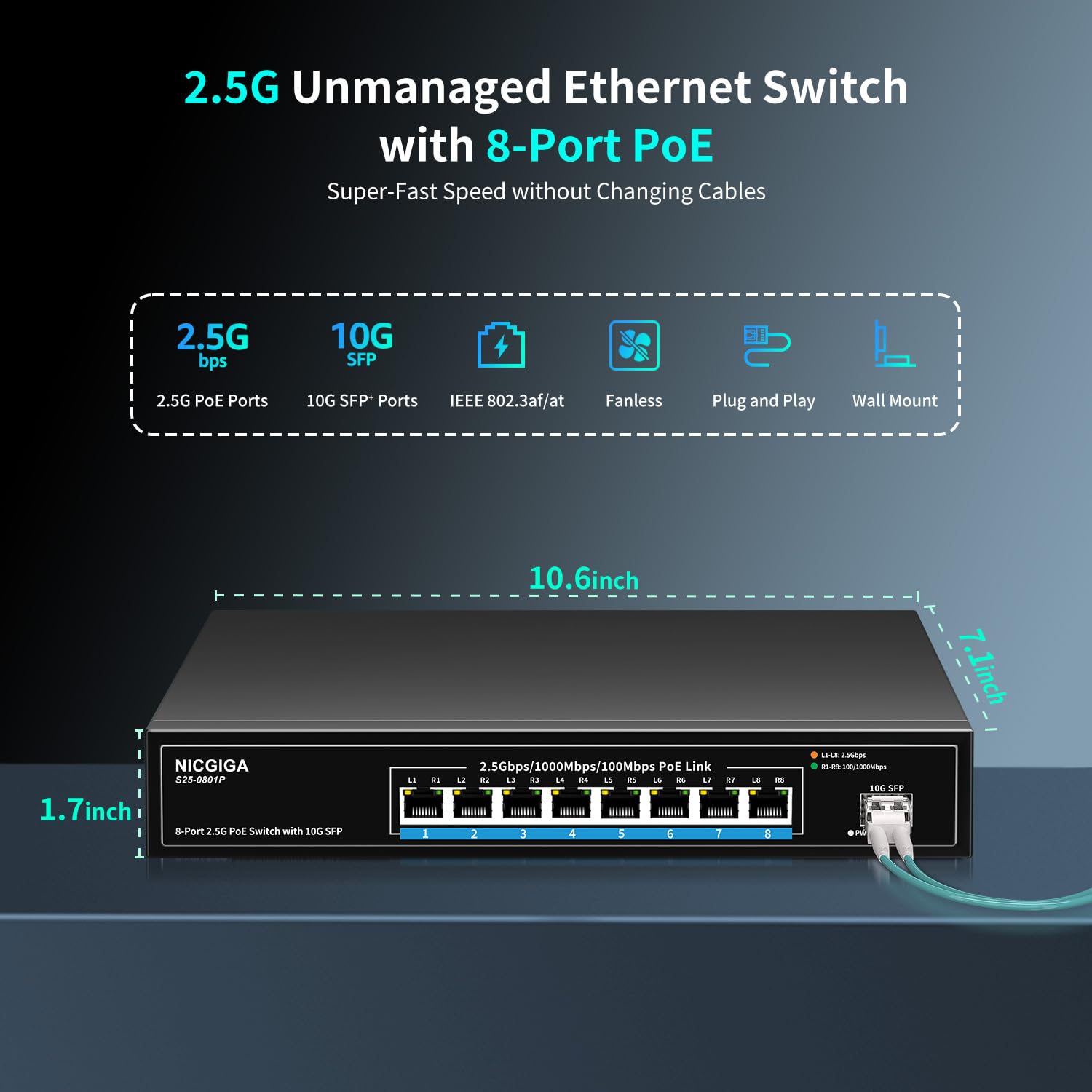 8 Port 2.5G PoE Switch Unmanaged - 8 x 2.5GbE PoE+ @120W with 10G SFP Uplink - IEEE 802.3af/at Compliant - Ideal for WiFi6 Access Points, NAS Storage, 4K PoE Security Cameras & NVR Systems - Perfect for Home Office & Business Network Setup
