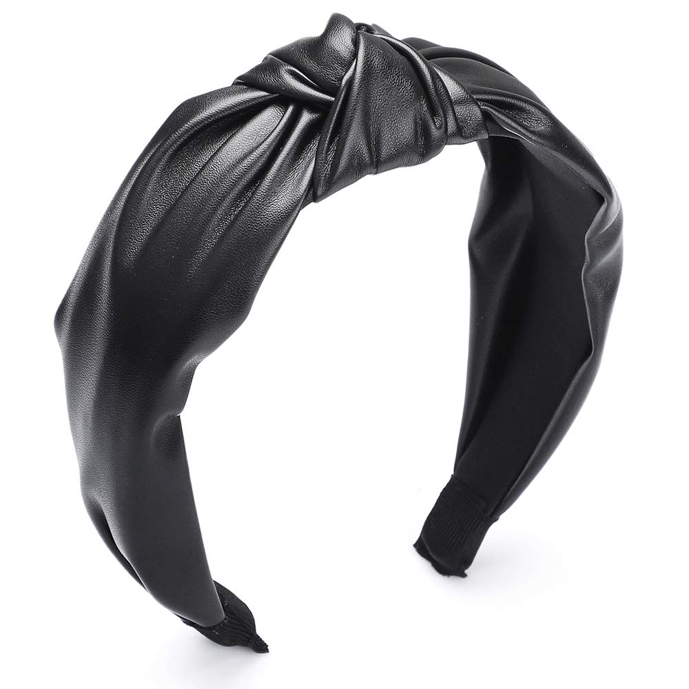Etercycle Women's Knotted Wide Headband - Stretchy Yoga Hair Band for Workouts & Fashion (PU Leather, Black) - Perfect for Yoga, Running, Gym & Daily Wear