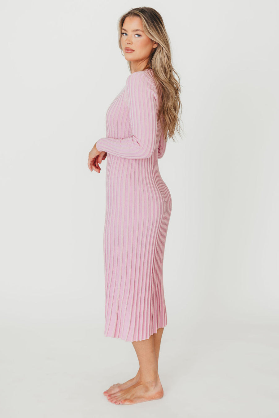 Lacey Long Sleeve Ribbed Sweater Midi Dress - Pink Maternity Dress for Bump Friendly Comfort | Perfect for Baby Showers, Maternity Photos & Fall Layering