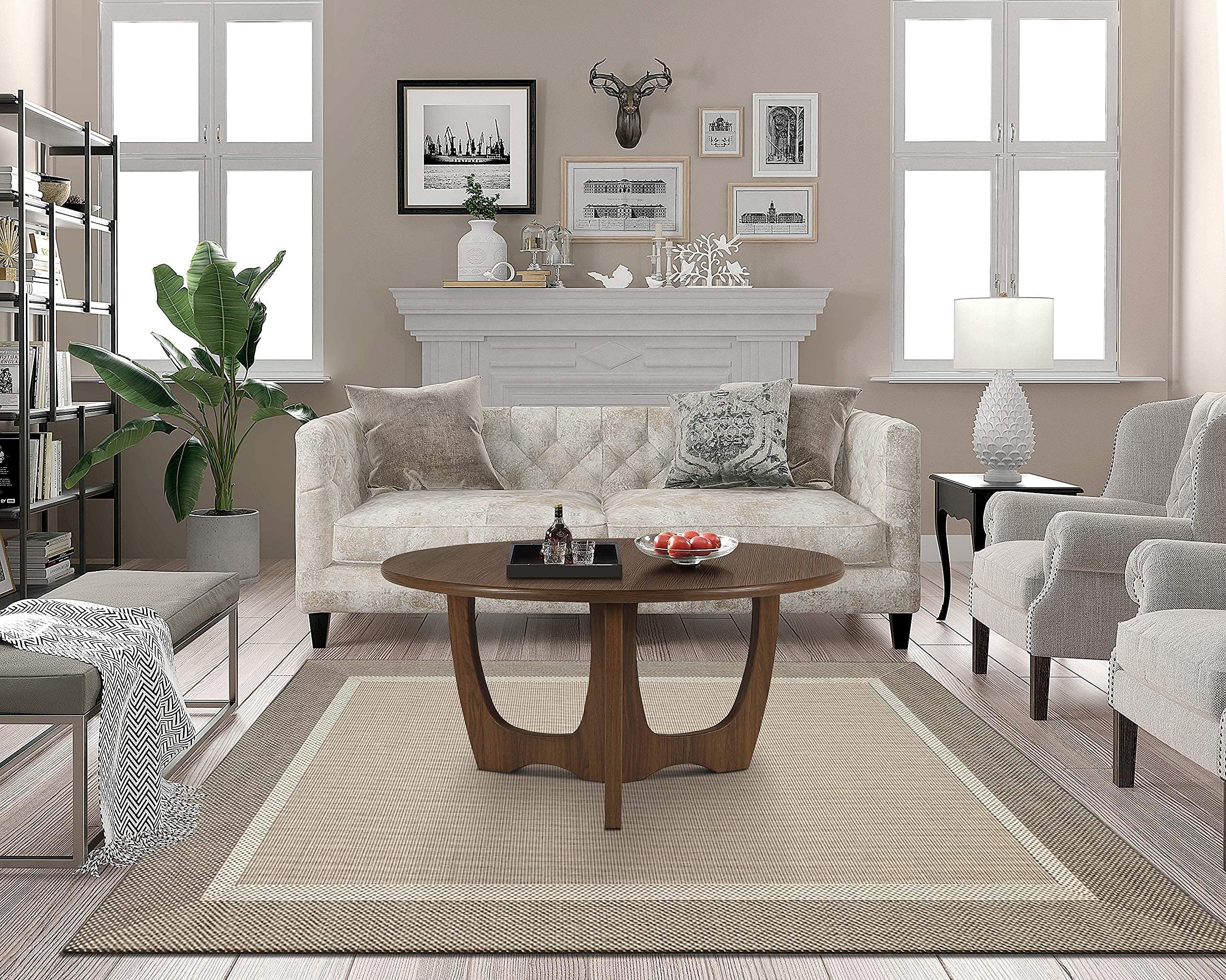 FINECASA Mid-Century Modern Wooden Round Coffee Table with Curved Legs - 36 x 18 Inches Chestnut Brown Accent Table for Living Room, Couch & Home Decor | Perfect for Lounge Areas, Reading Nooks & Small Space Living