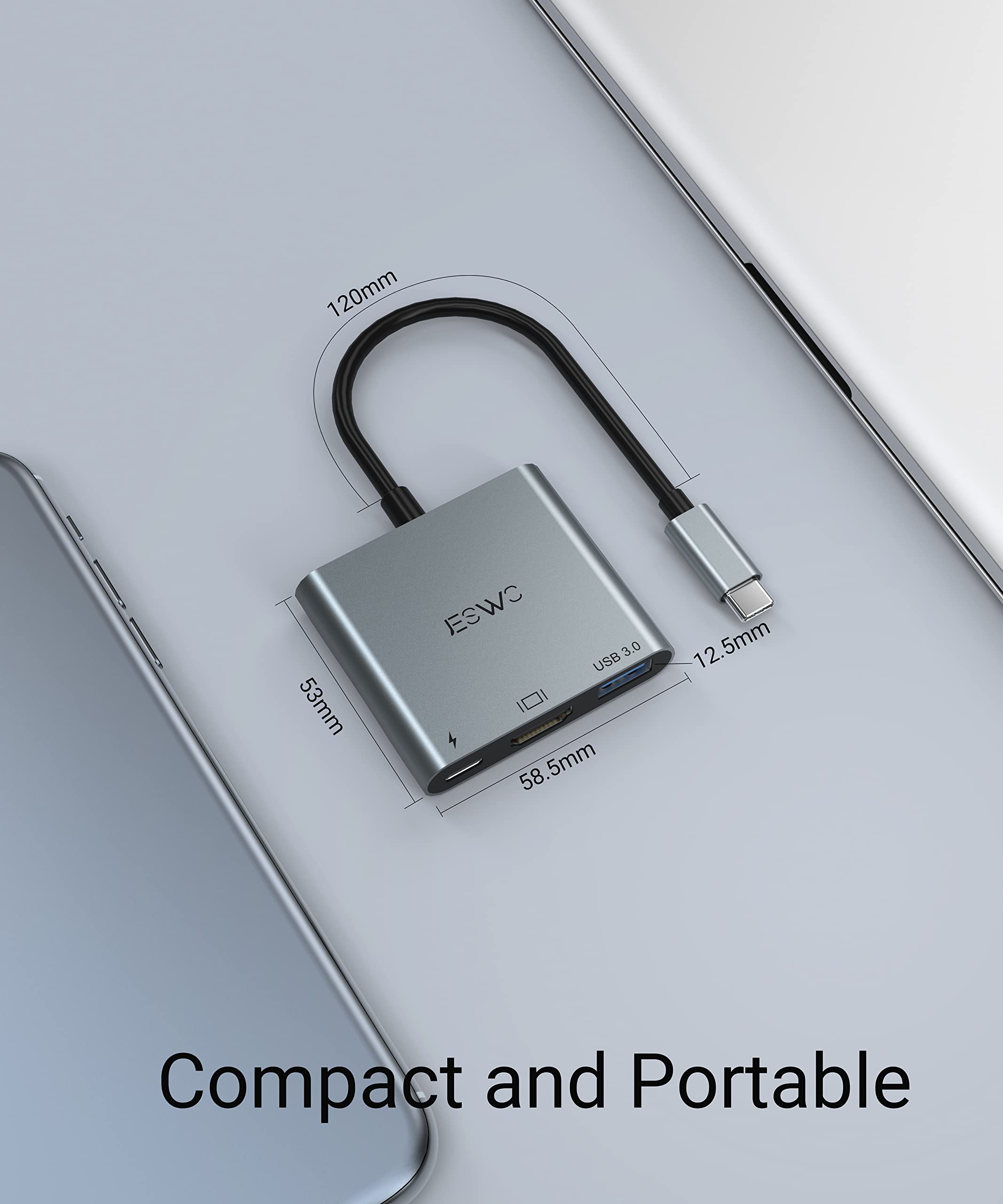JESWO USB C to HDMI Adapter 4K - 3-in-1 USB C Hub with HDMI, USB 3.0 Port & 100W PD Charging - Compatible with MacBook Pro/Air, iMac, Mini - Perfect for Home Office, Presentations & Multi-Screen Setup