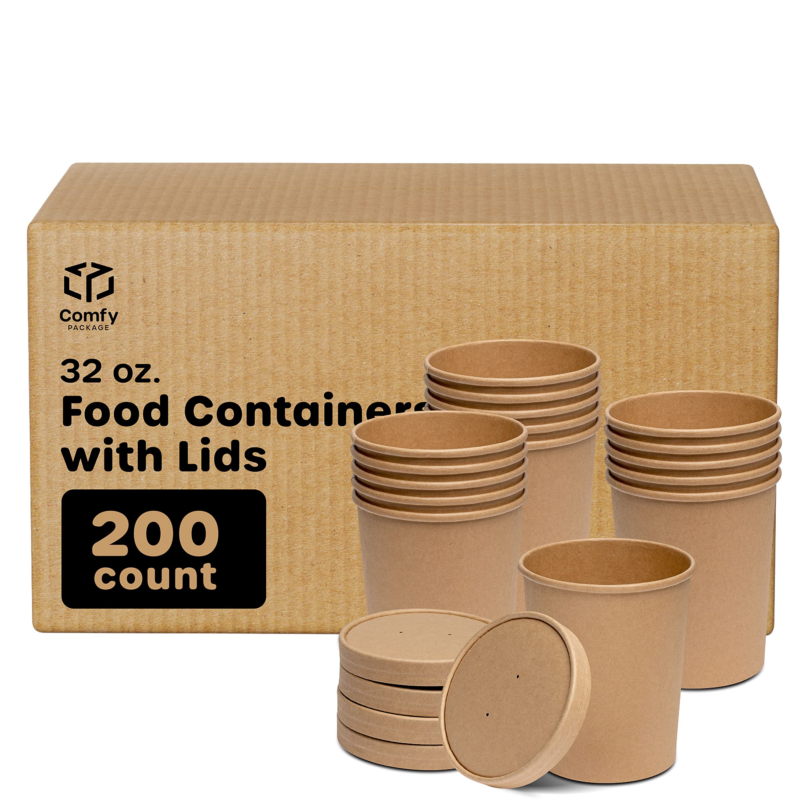 200-Pack 32 oz Kraft Paper Food Containers with Vented Lids | Disposable Soup Bowls & Ice Cream Cups | Microwave Safe, Leak-Proof | Perfect for Takeout, Restaurants, Catering & Parties