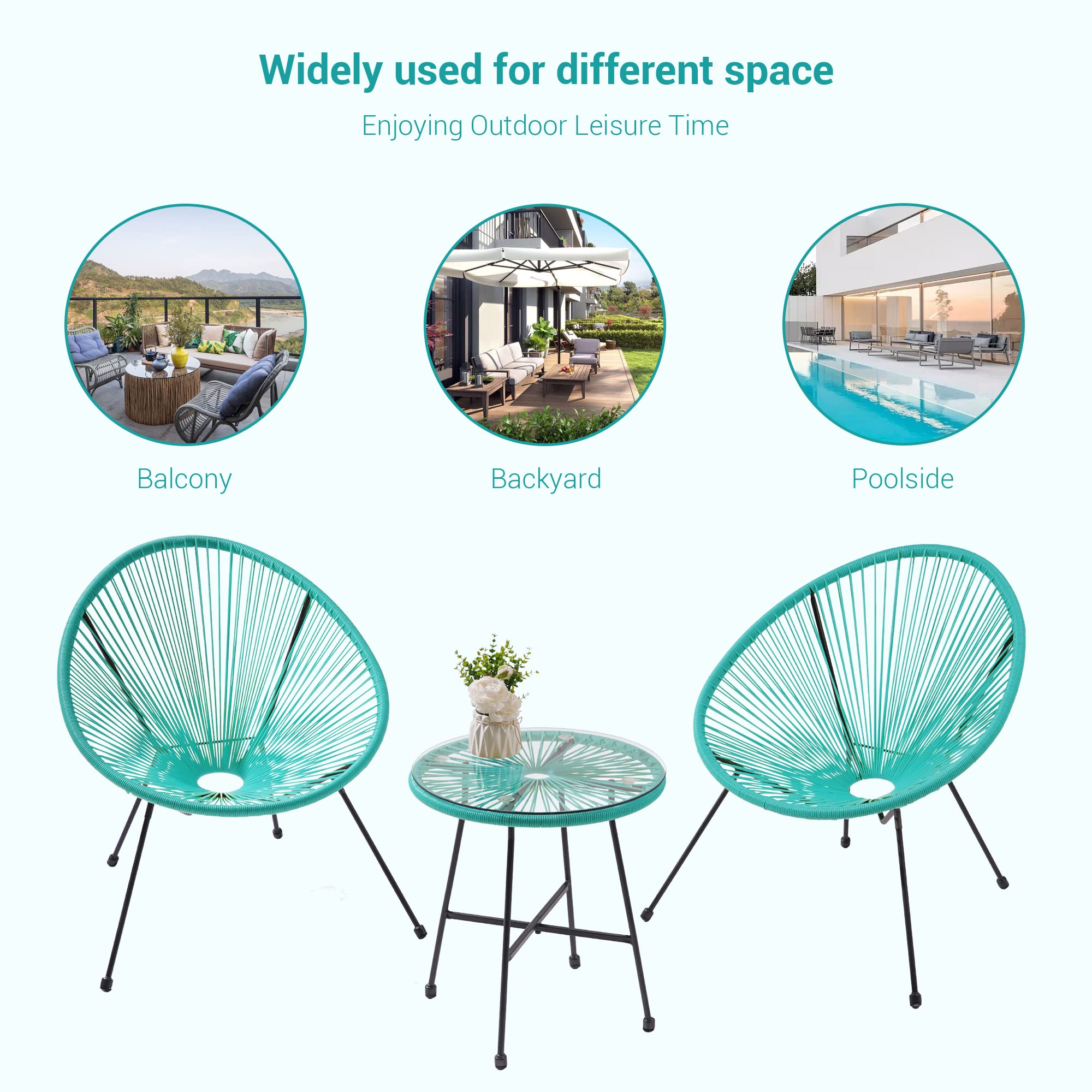 3-Piece Acapulco Patio Furniture Set with Glass Top Table & 2 Chairs - Indoor/Outdoor Seating in Lake Blue - Perfect for Poolside, Garden, and Backyard Relaxation