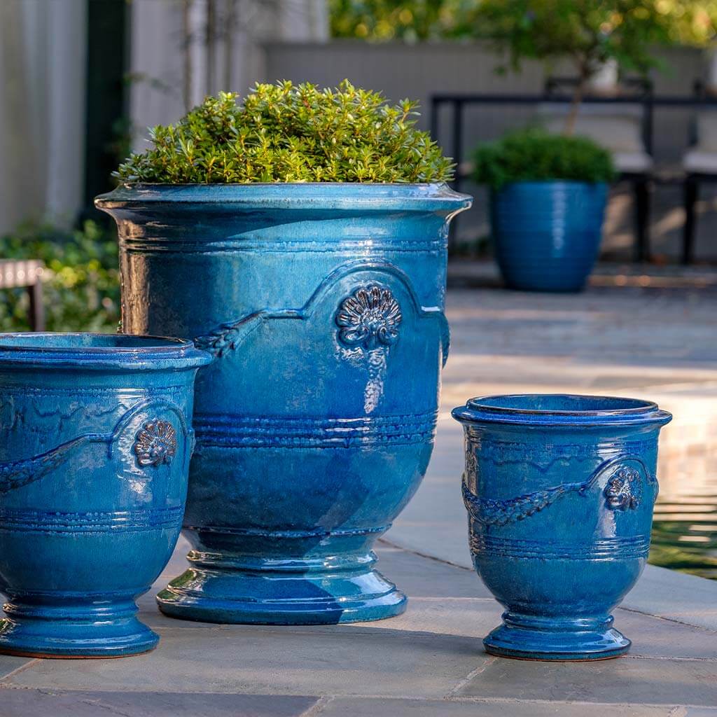 Cerulean Blue Coquille Anduze Urn Set of 3 - Outdoor Garden Planter, Patio Decor, French Style Flower Pot for Home & Landscape Design