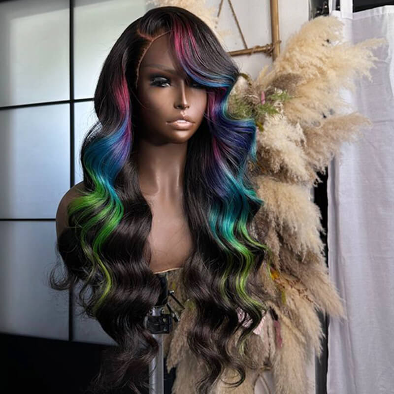 Eullair Multi-Colored Straight Human Hair Wig - Pink, Purple, Blue, Green Body Wave Lace Frontal Wigs with Pre-Plucked 180% Density | Perfect for Cosplay, Halloween, Parties & Daily Fashion