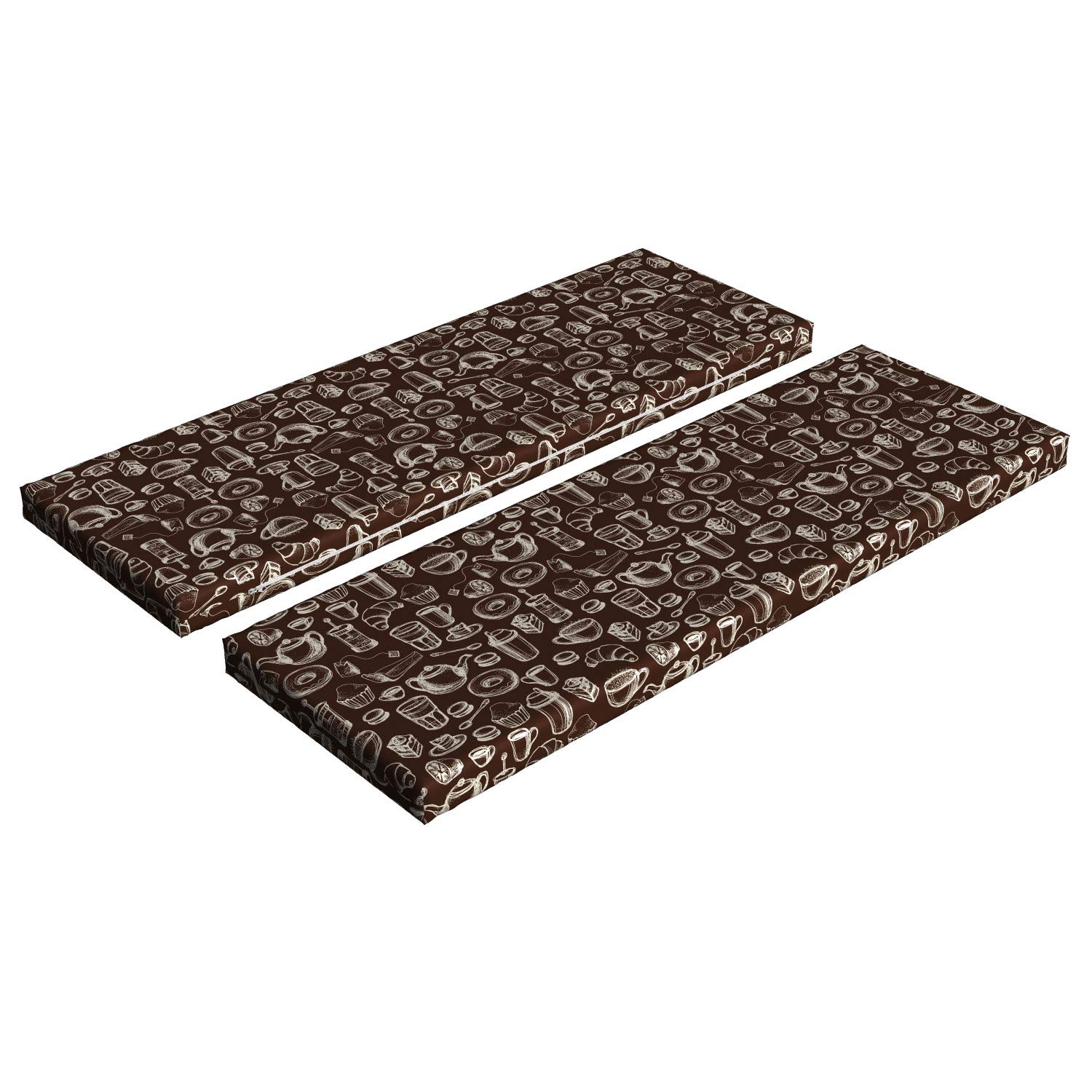 Ambesonne Brown and White Bench Cushion Set of 2 - Hand Drawn Coffee, Tea Cups, Donuts & Sweets Design - 45