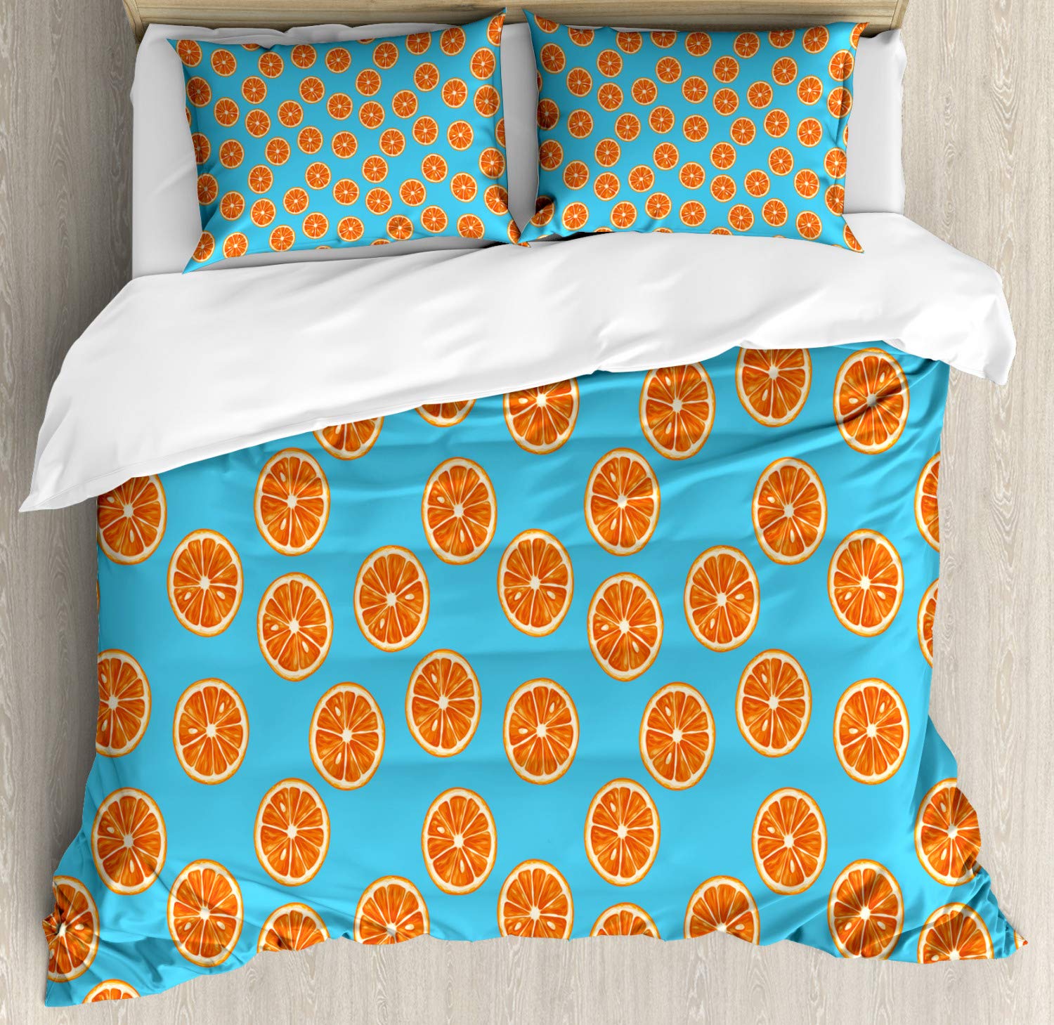 Ambesonne Queen Size Duvet Cover Set - 3 Piece Bedding with 2 Pillow Shams, Exotic Citrus Fruit Pattern in Sky Blue & Burnt Orange | Stylish Home Decor for Bedroom, Guest Room, or Dorm