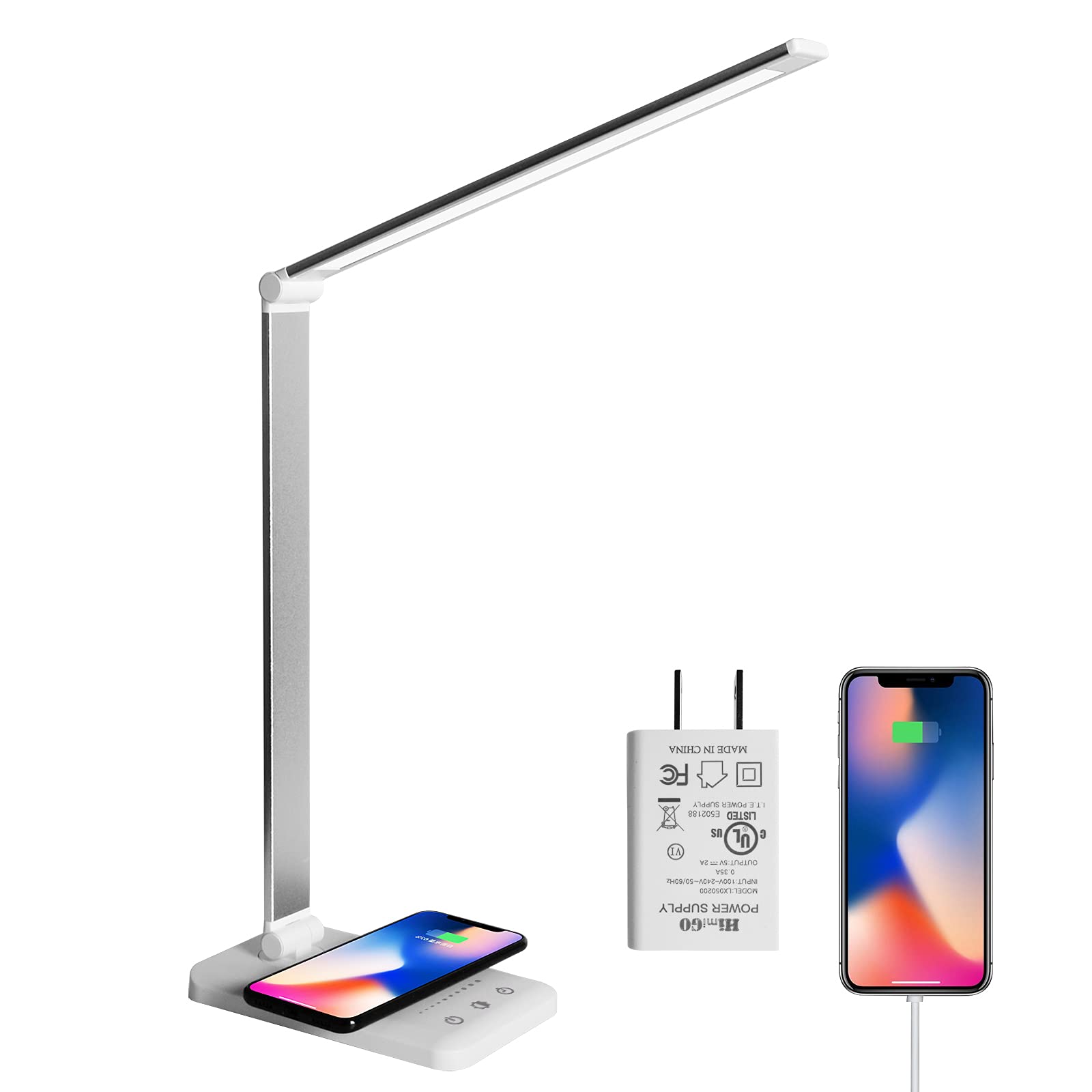 LED Desk Lamp with Wireless Charger & USB Port - Eye-Caring Stepless Dimmable Office Light - Touch Control, Memory & Timer Function - 25 Brightness Levels - Foldable Design for Home, Office & Study Use