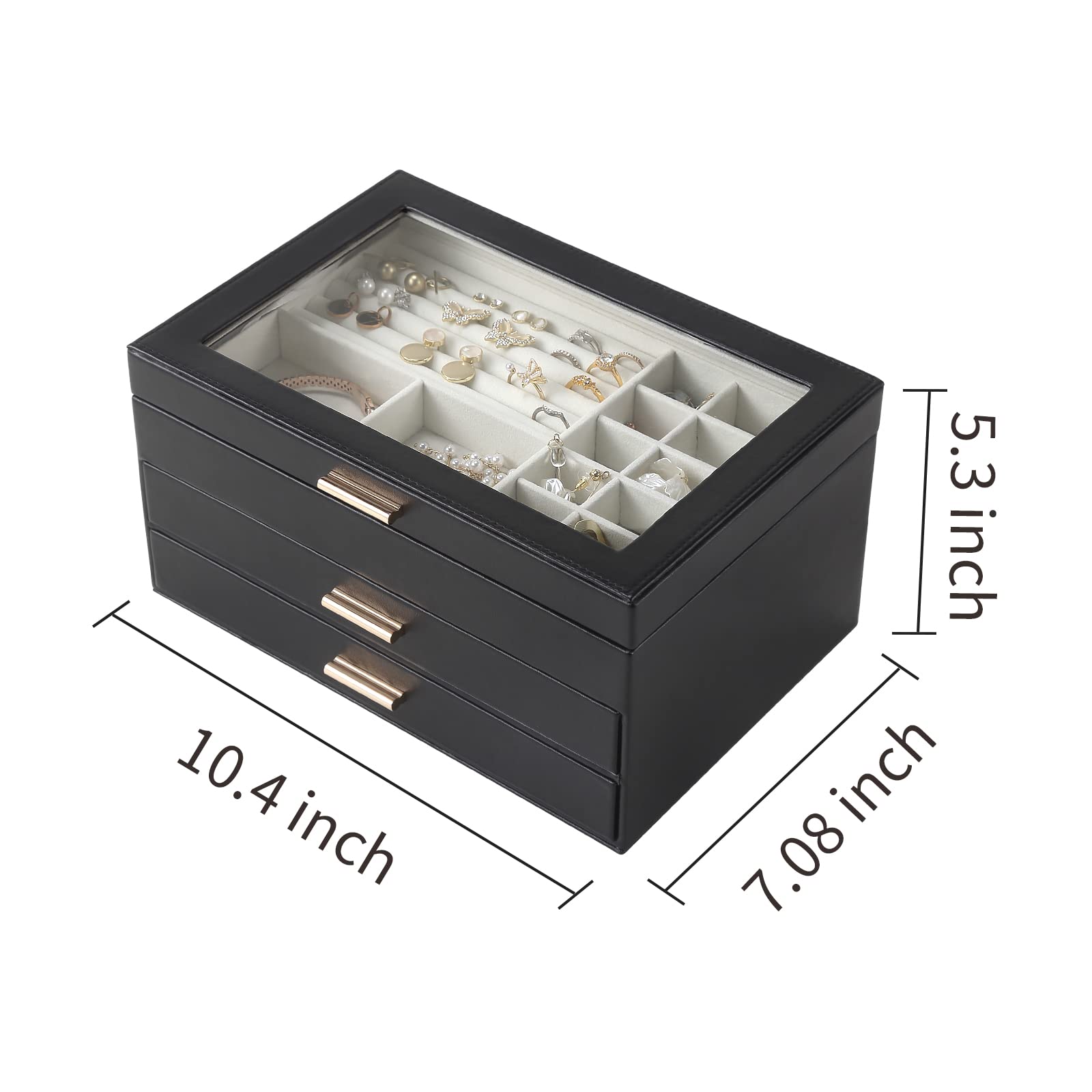 CASEGRACE 3-Layer Jewelry Box with Glass Lid & Double Drawers - Large Jewelry Organizer for Necklaces, Bracelets, Earrings & Rings - Elegant Jewelry Storage Case for Women's Dresser (Black) | Perfect for Bedroom Vanity, Travel & Gift Giving