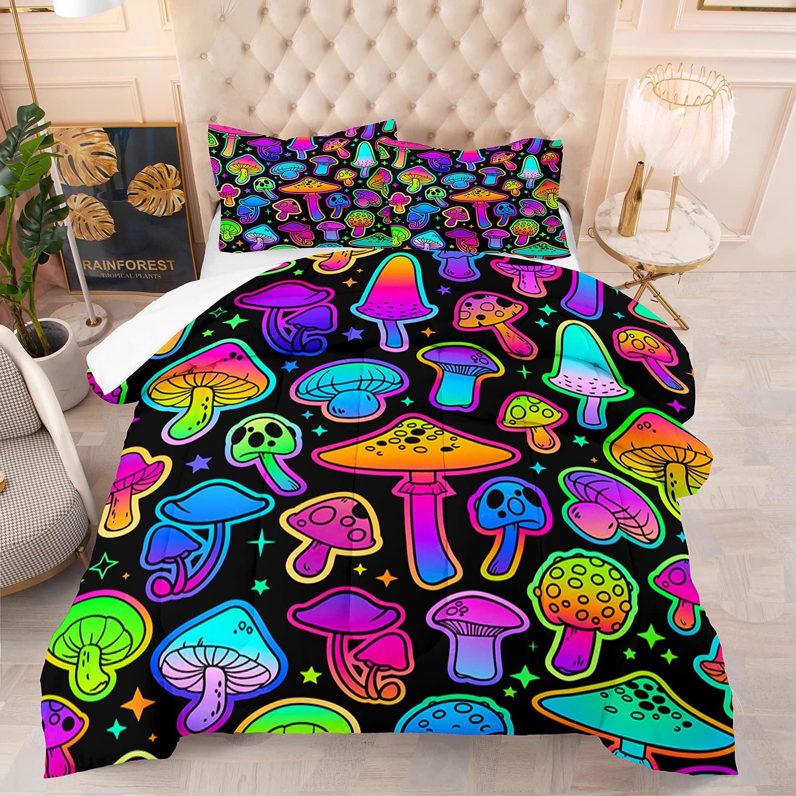 NINENINE Colorful Mushroom & Stars Print Queen Size Comforter Set - Soft Microfiber Bedding with Matching Pillowcase for Boys & Girls | Perfect for Kids' Bedrooms, Dorm Rooms & Cozy Home Decor