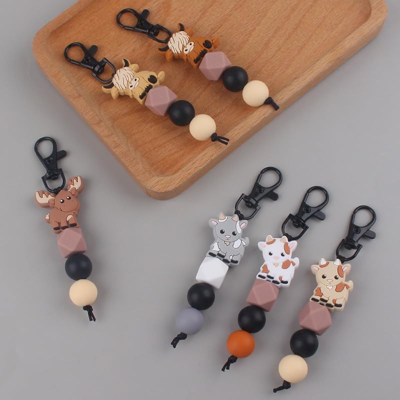 Cute Animal Keychains for Backpack - Cow & Elk Silicone Bead Keychains for Car Keys, House Keys & Purse Accessories - Perfect for Gifts, School Supplies & Travel Essentials