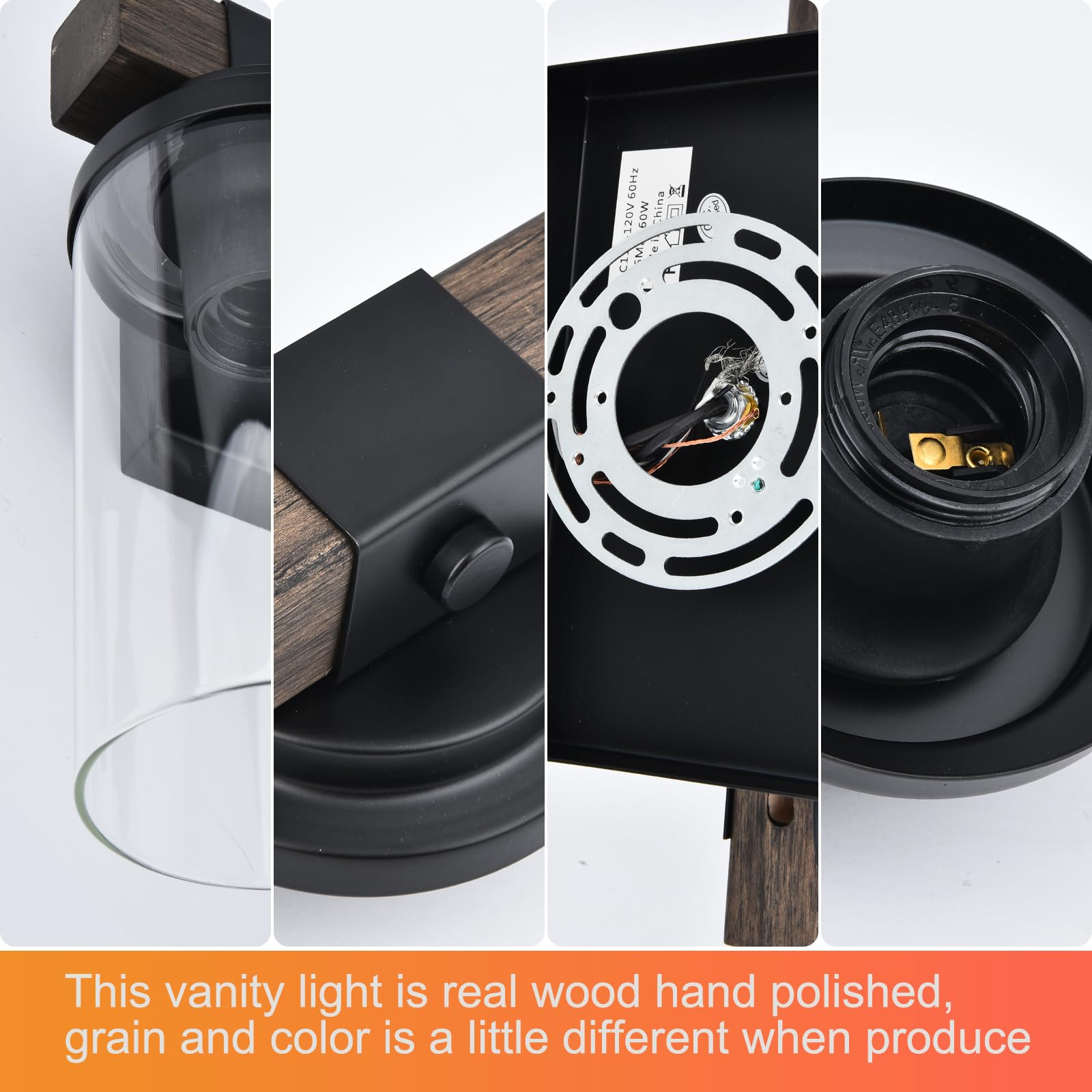 Farmhouse Vanity Light 3-Light Wooden Bathroom Wall Sconce - Industrial Black Wood with Clear Glass Shade for Mirror Lighting - Perfect for Bathroom, Hallway, Bedroom & Dressing Room Vanity Areas
