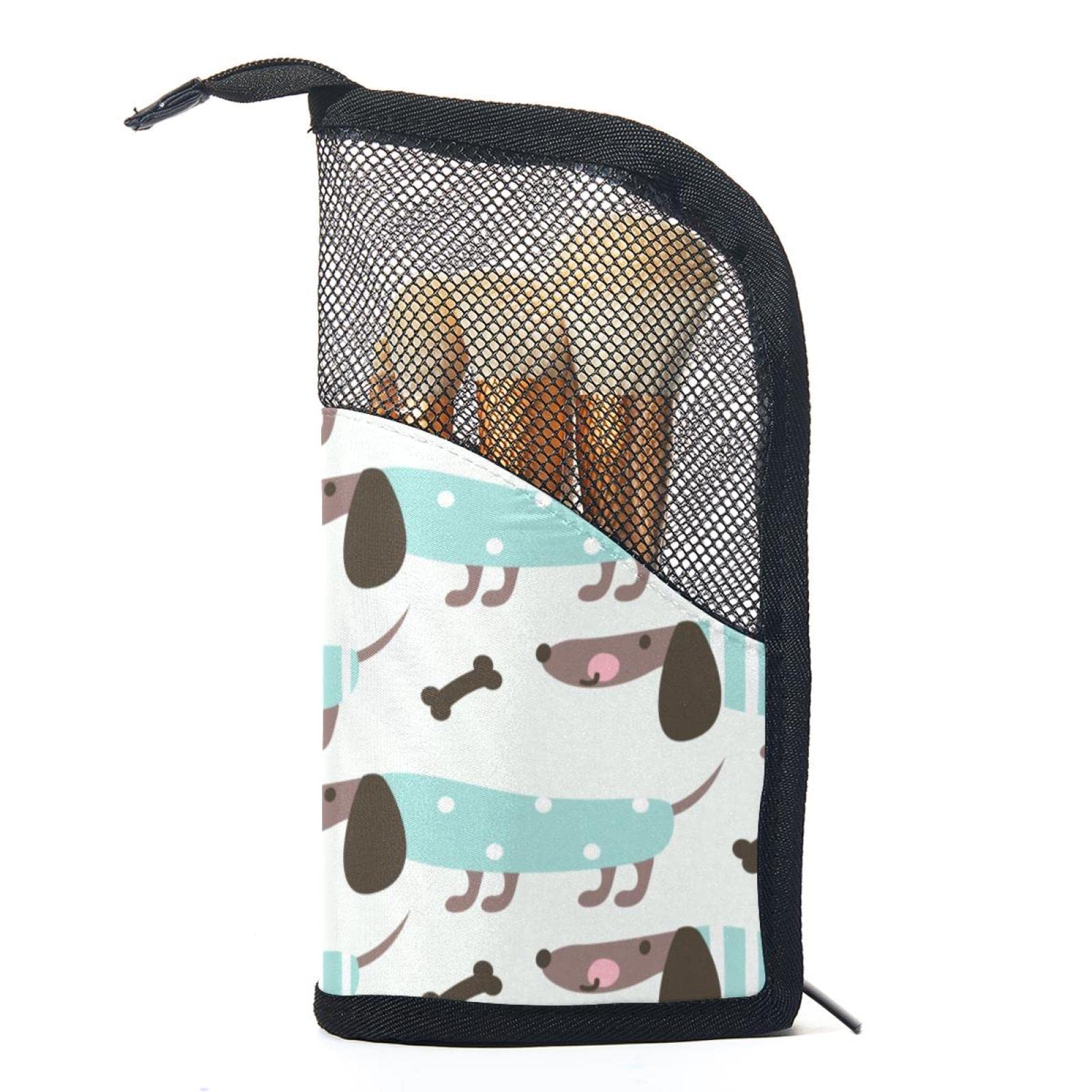 Portable Makeup Brush Organizer Bag with 12 Slots - Cute Dachshund Dog & Bone Design - Travel Makeup Brush Holder Case for Professional Artists & Beginners (Perfect for Travel, Home Use & Makeup Storage)