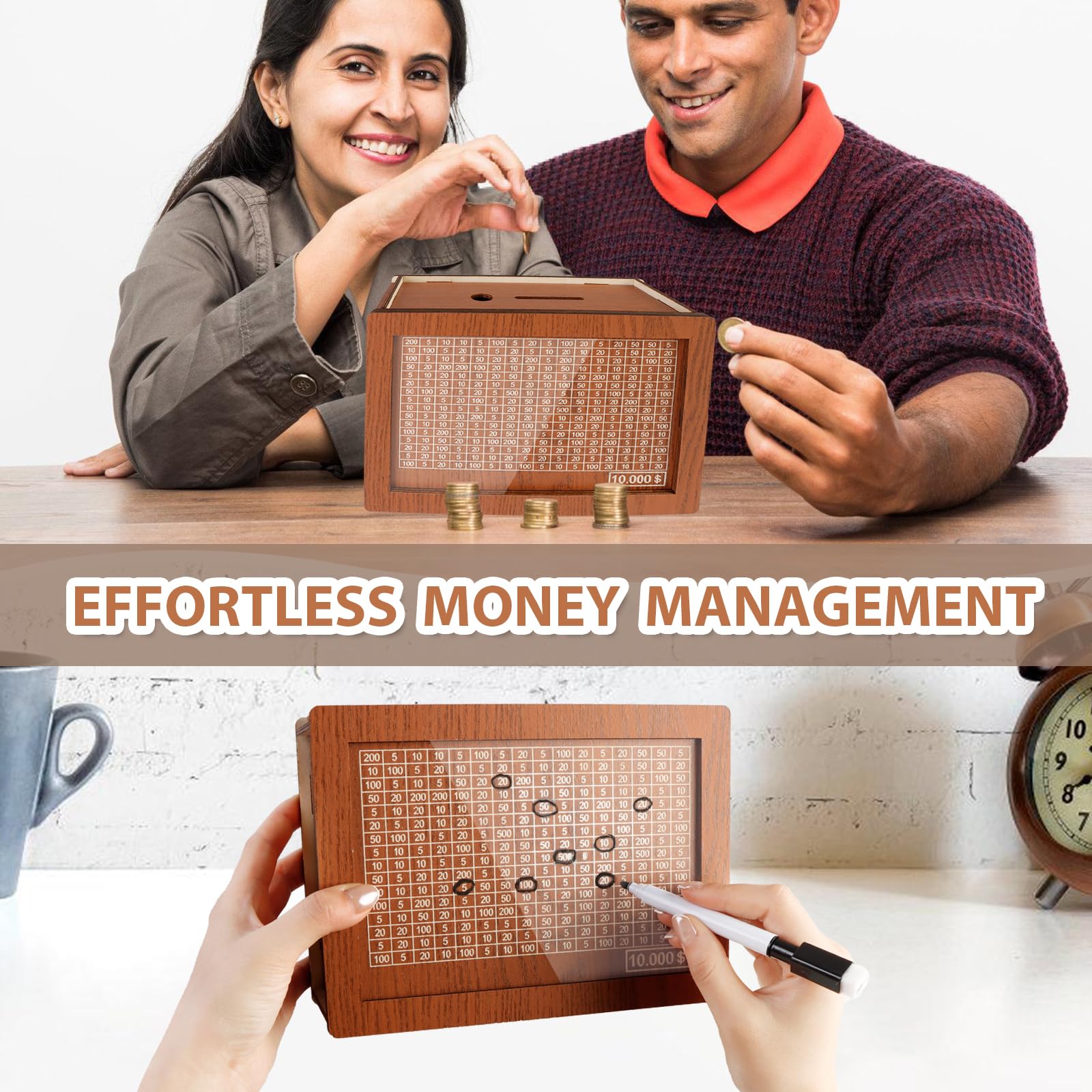 Wooden Cash Vault Savings Box with Money Target & Numbers - 10,000 Dollar Capacity Money Bank for Cash Saving - Perfect Gift for Friends & Family - Ideal for Home Savings, Piggy Bank Alternative, and Financial Goal Tracking