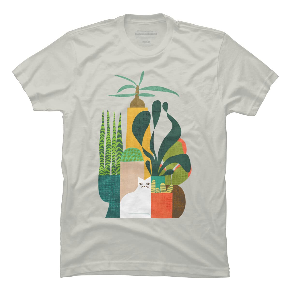 Design By Humans Men's Cat and Plants Graphic T-Shirt - Cool Casual Cotton Tee for Streetwear & Everyday Outfits