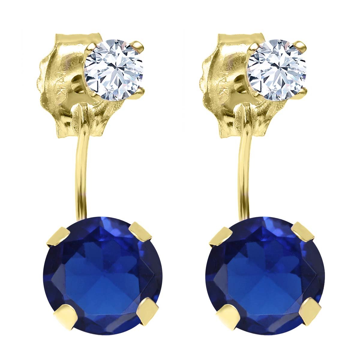 2.28 Ct Round Blue Created Sapphire & White Topaz 14K Yellow Gold Earrings for Women | Elegant Dangle Drop Earrings for Wedding, Party & Special Occasions
