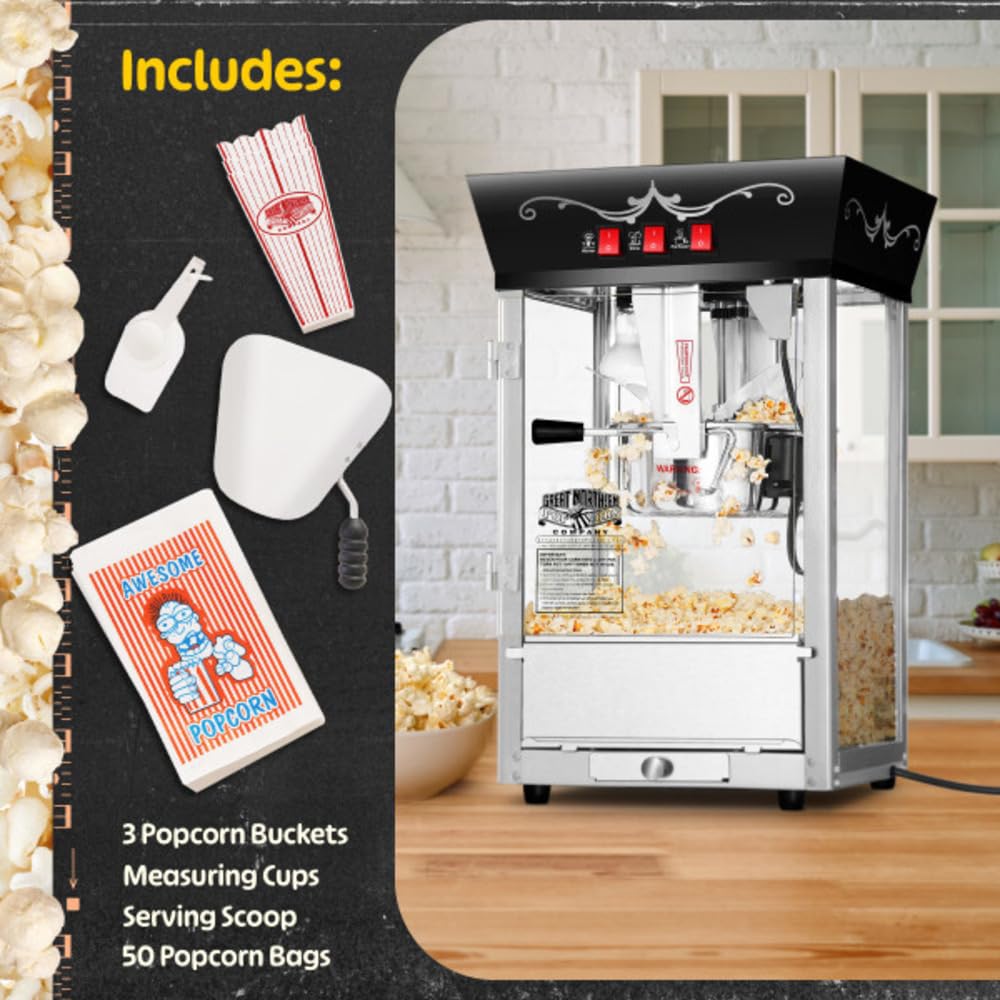 Great Northern Popcorn Matinee 8oz Commercial Popcorn Machine with Cart - Stainless Steel Kettle, Warming Light & Accessories - Perfect for Movie Nights, Parties & Concession Stands (Black)
