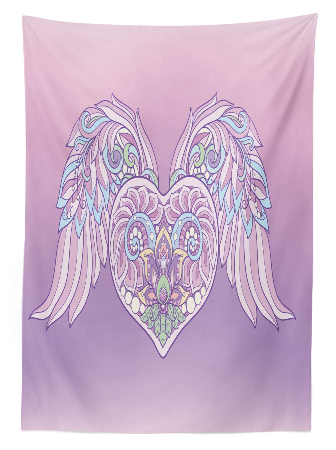 Ambesonne Angel Wings Tablecloth - Boho Pastel Heart with Feather Wings Design, Romantic Marriage Theme Rectangular Table Cover for Dining Room & Kitchen Decor, 52