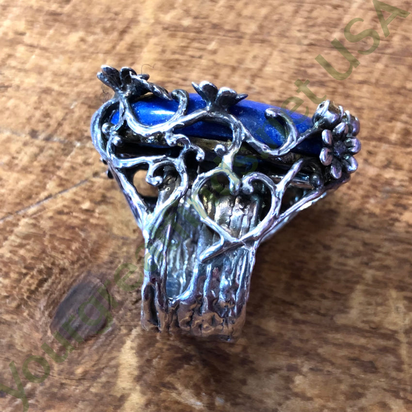 Vintage Lost Wax Cast Sterling Silver Floral Ring with Lapis Lazuli Stone - Elegant Bohemian Jewelry for Women, Perfect for Weddings, Parties & Everyday Wear