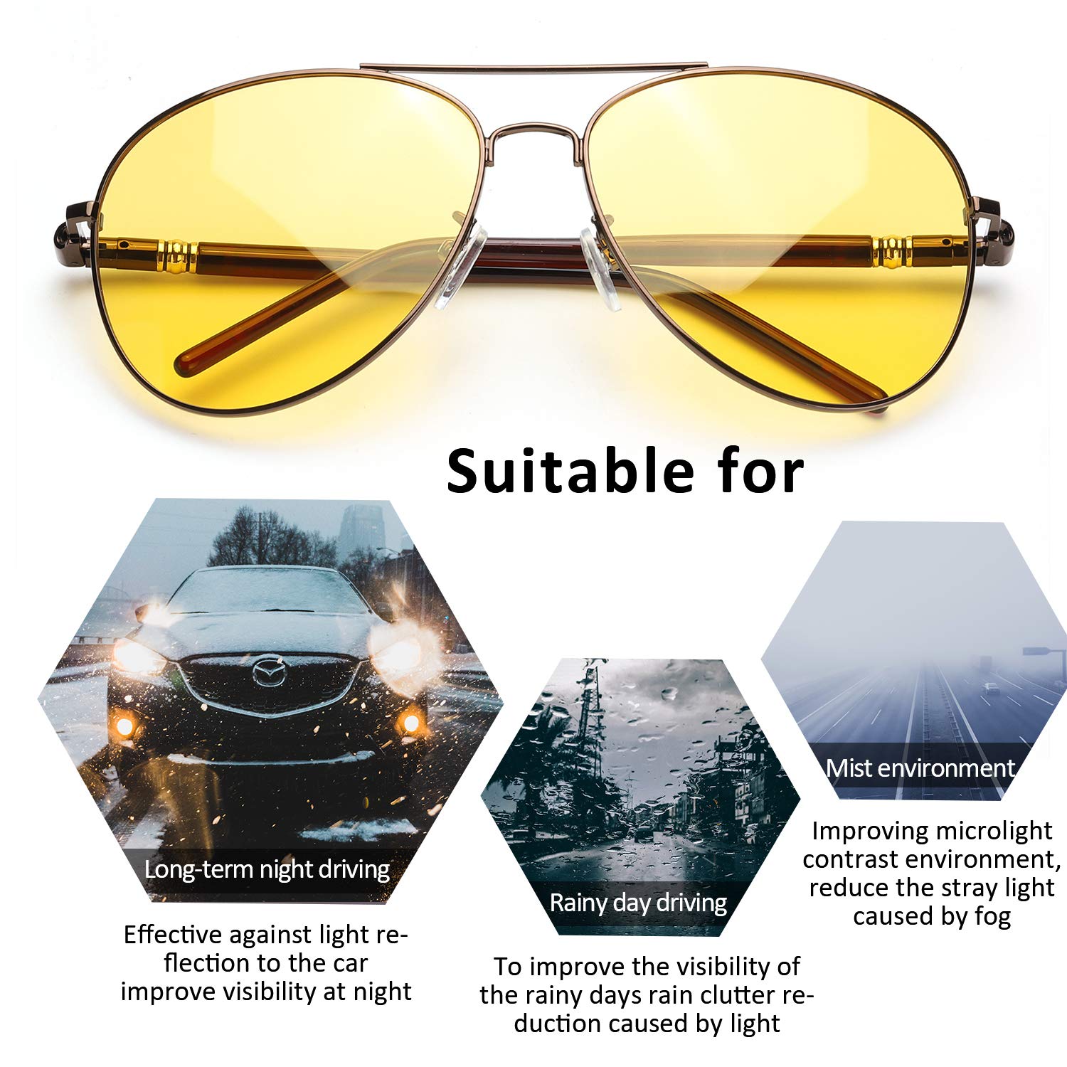 Night Vision Glasses for Women & Men - Anti Glare Polarized Yellow Lens for Night Driving - Improve Visibility & Reduce Eye Strain - Perfect for Nighttime Commuting, Road Trips & Low Light Conditions