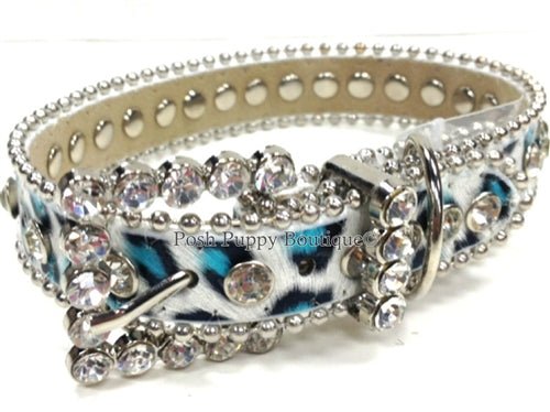 Luxury Clear Crystal & Leather Dog Collar - Aqua Snow Leopard Design | Fashion Pet Accessory for Small Medium Dogs | Perfect for Daily Walks, Parties & Photo Shoots