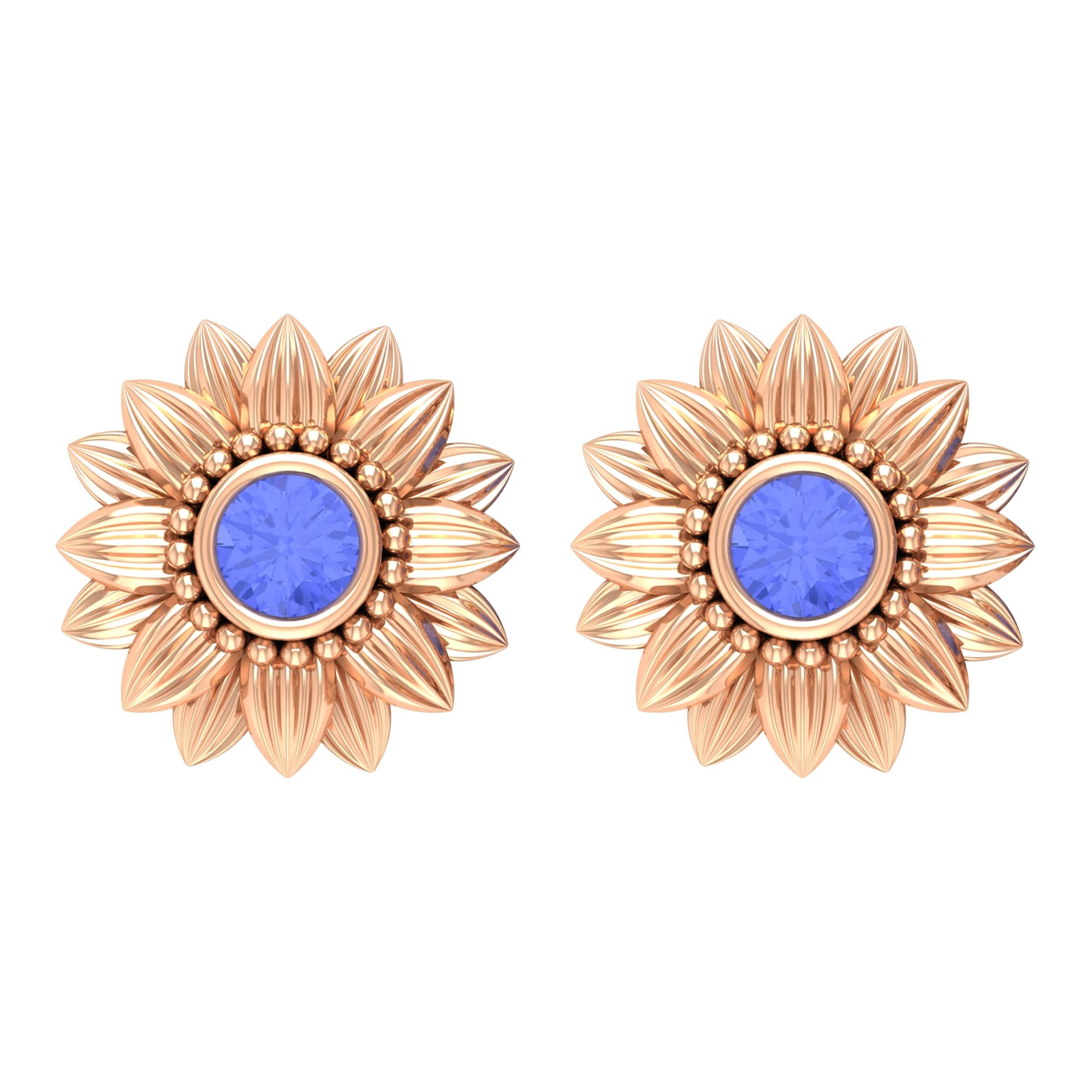 0.25 CT Tanzanite Floral Stud Earrings for Women - Bezel Set 14K Solid Gold December Birthstone Jewelry - Round Tanzanite Earrings for Gifts, Anniversaries & Special Occasions