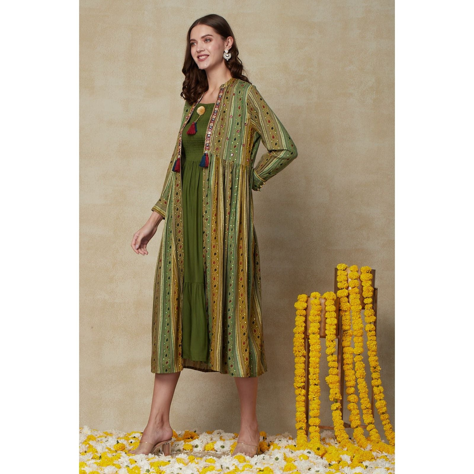 Stylish Green Kurta with Shrug for Women | Fusion Wear Ethnic Outfit | Perfect for Festivals, Parties & Casual Wear