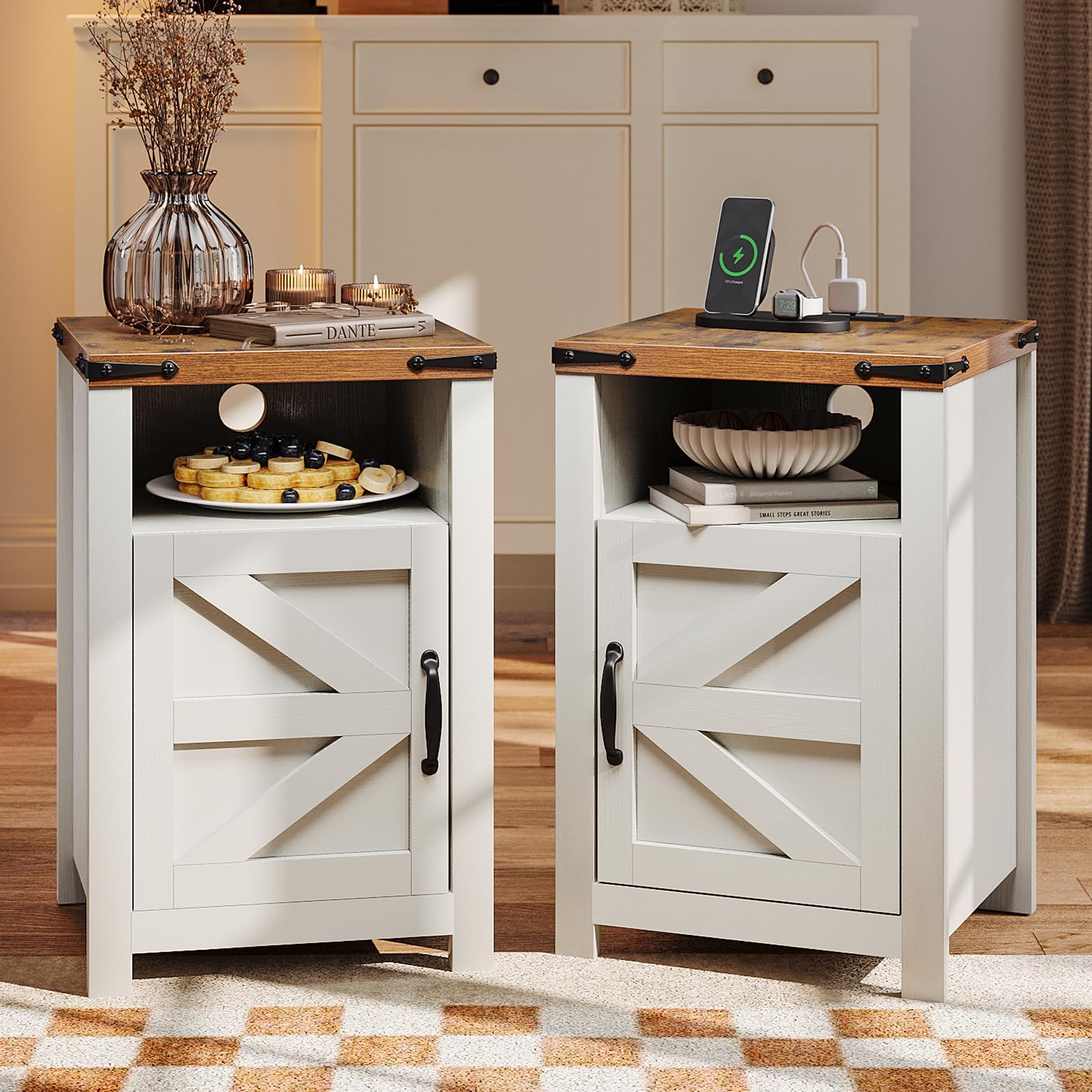 OneinMil 2-Piece Farmhouse End Table Set with USB Charging Station & Barn Door Storage - Nightstand, Sofa Side Table for Living Room, Bedroom - Perfect for Small Spaces & Home Office - White